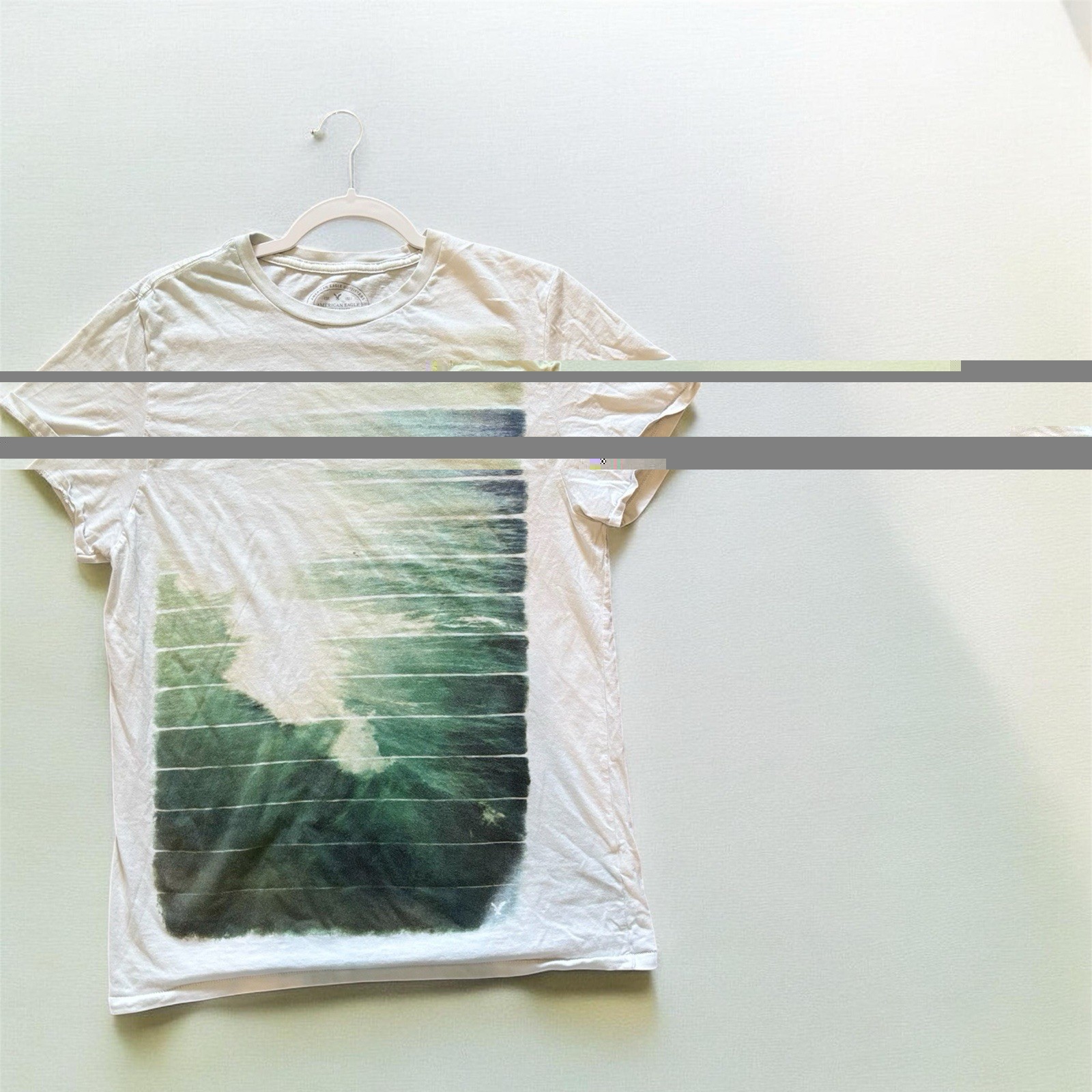 American Eagle Men T Shirt White Green Ocean Wave Graphic Short Sleeve Size M
