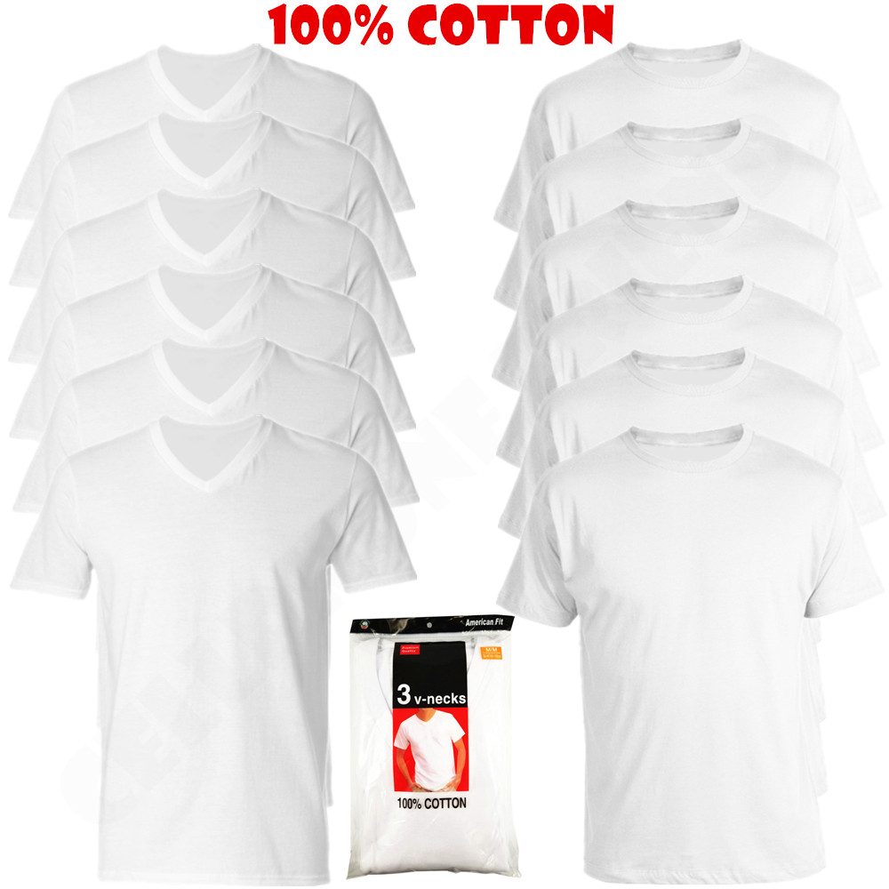 3 to 6 Pcs Men 100% Cotton Crew & V-Neck Tag less T-Shirt Undershirt White S-XL