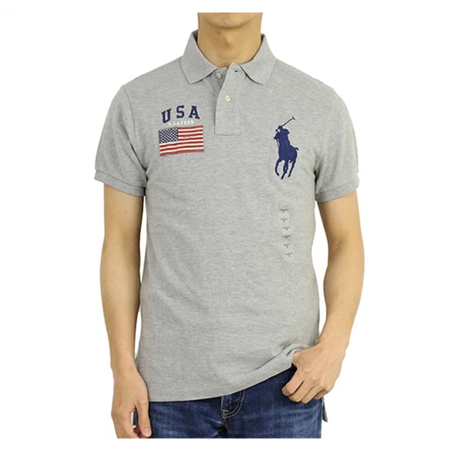 Polo Ralph Lauren Short Sleeve Big Pony Custom Fit USA Flag Polo Shirt – Grey –