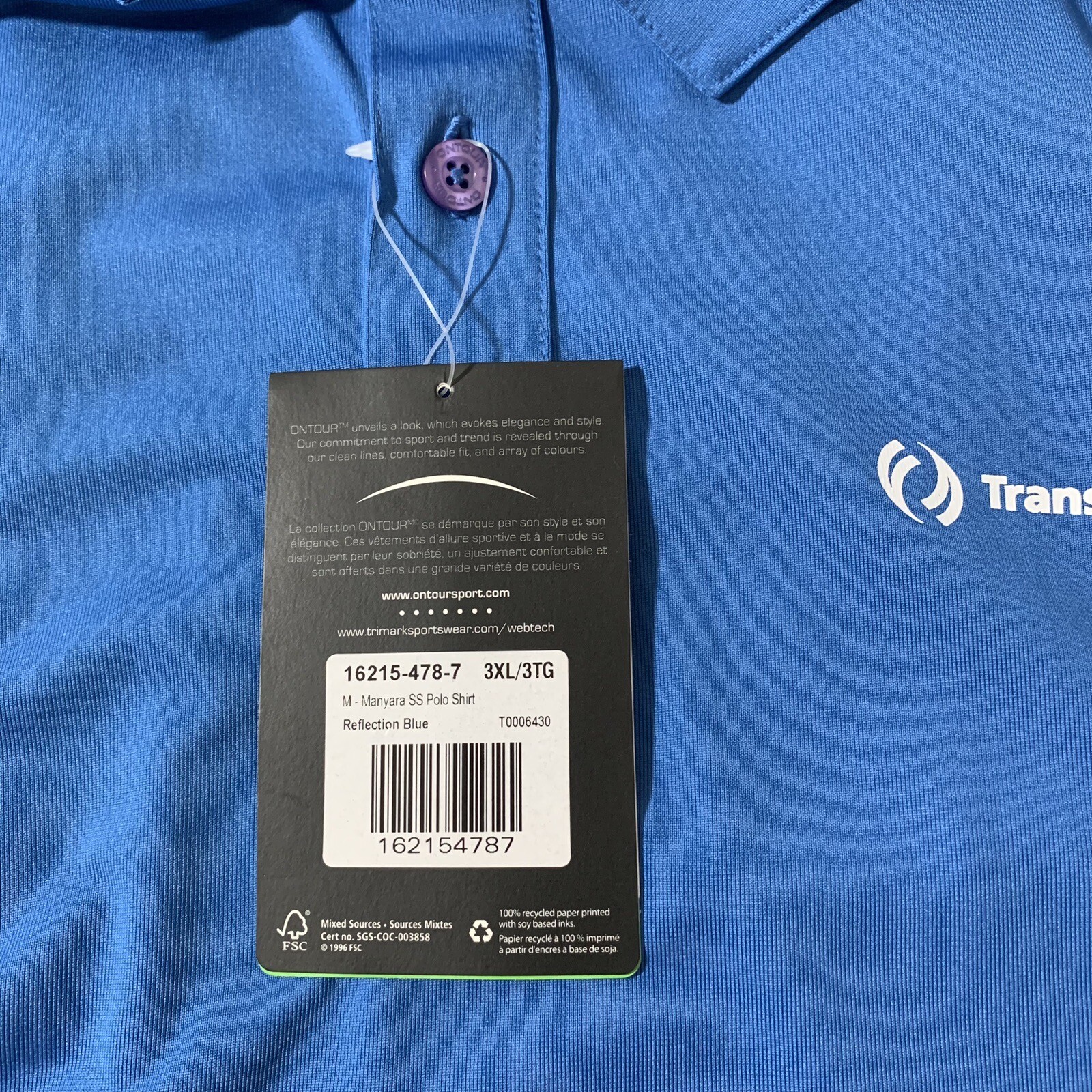 NWT OnTour TRANSCANADA Men’s 3XL Short Sleeve Blue Polo Golf Shirt, TC Energy