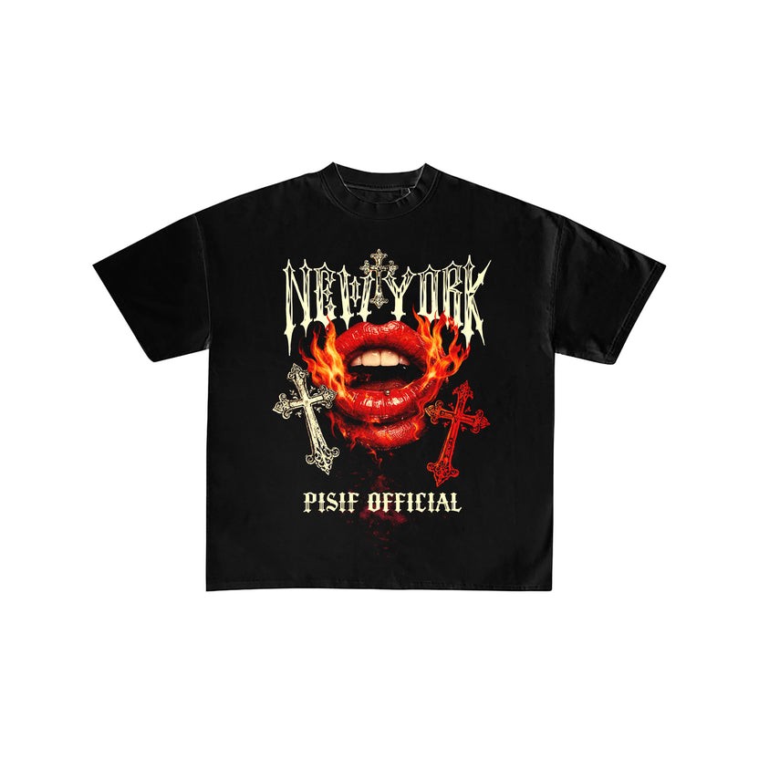 New York Gothic Fire Lips Graphic Streetwear Tee