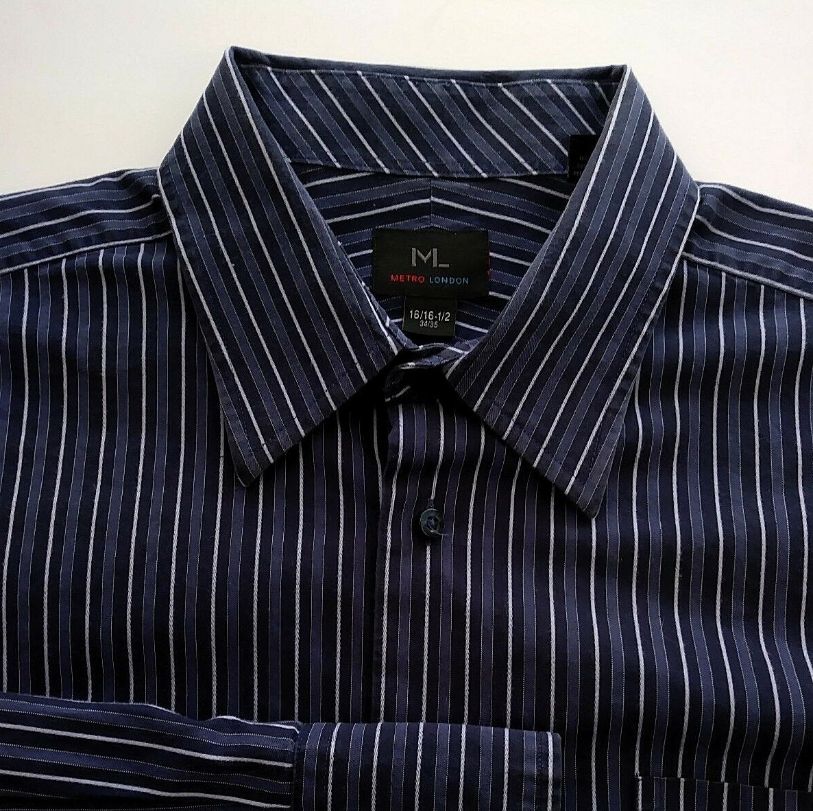Metro London Shirt Mens 16.5 Blue Striped Long Sleeve Button Down