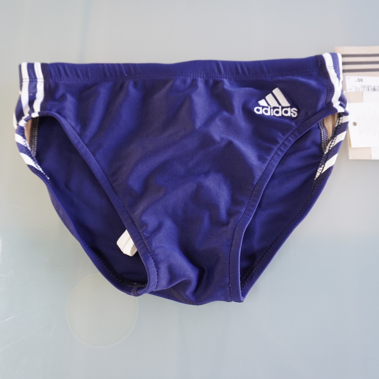 Vtg 1998 Adidas Swim Briefs Trunks NWT Navy Blue White Lycra Made in USA Size 30