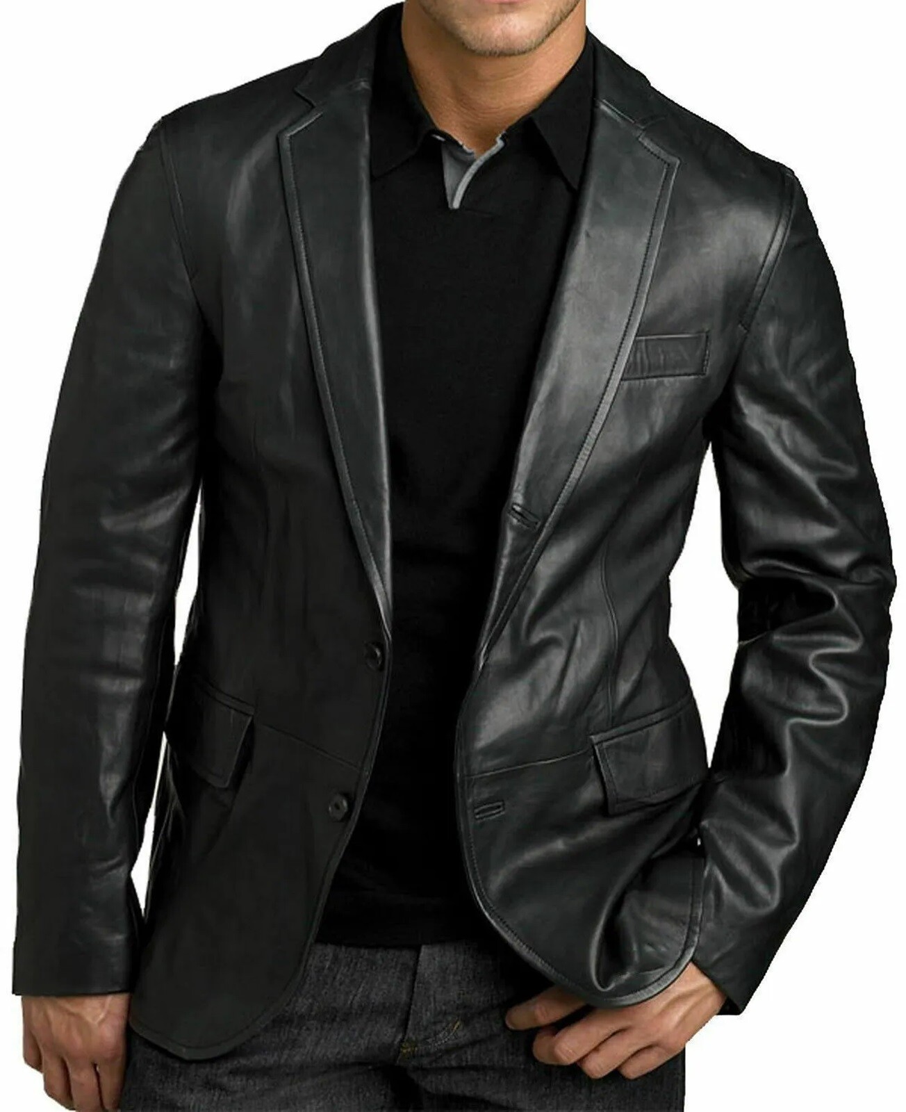 Men’s Black Genuine Leather Blazer Soft Lambskin Leather Jacket Two Button Coat