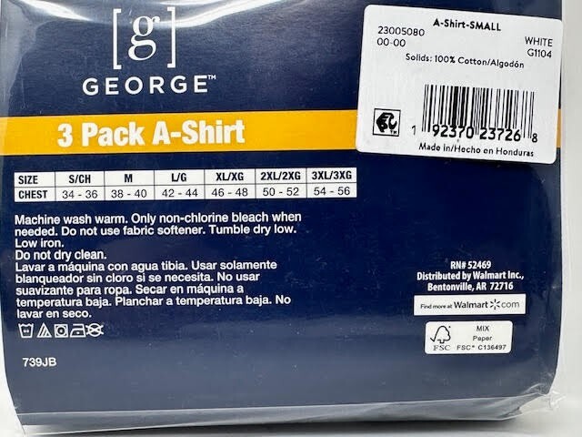 NEW! George Tag Free Comfort Long length A-Shirt Men’s, WHITE, Small, 3-Pack,