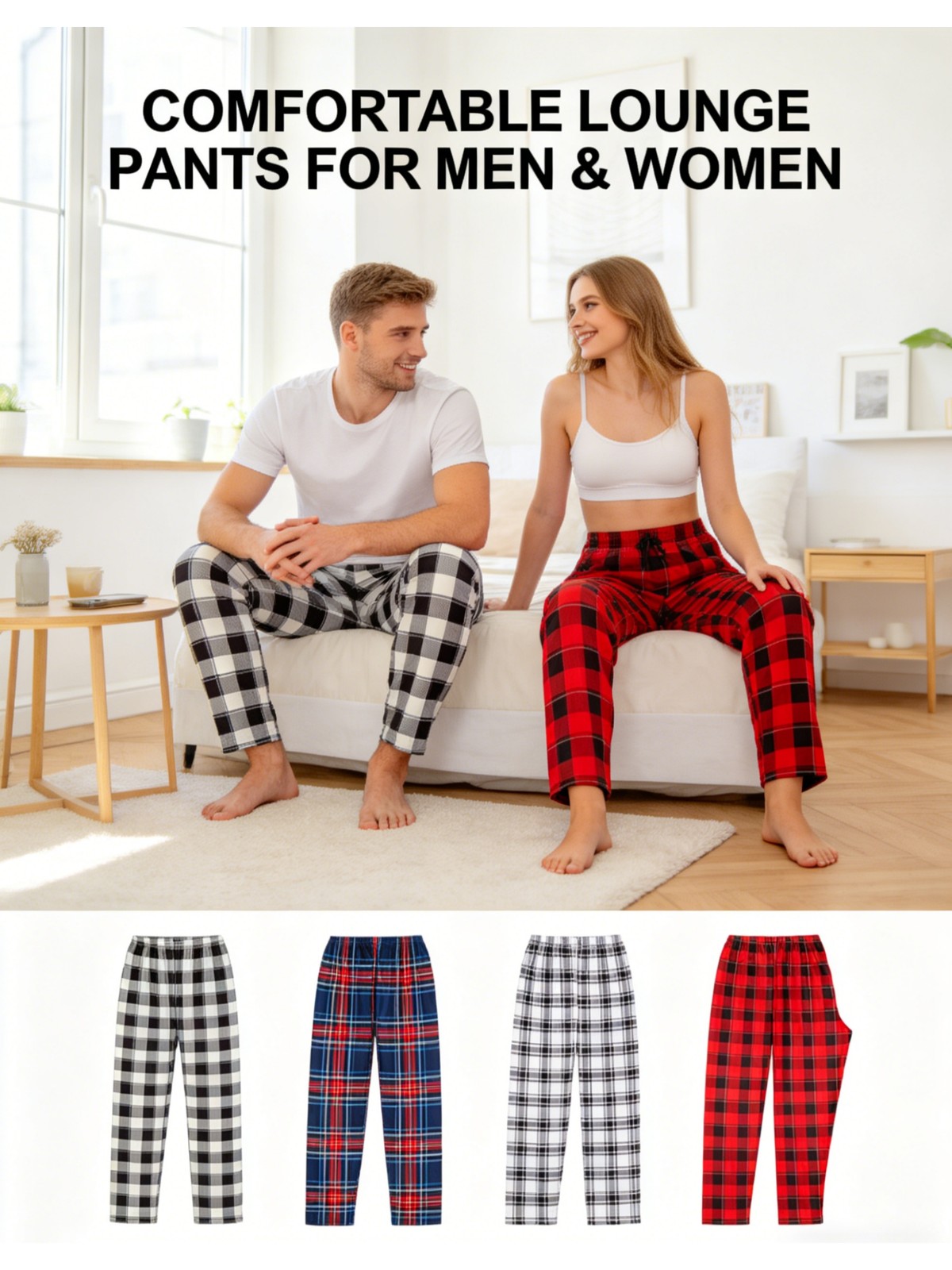 4 Pack Men’s Plaid Lounge Pants Elastic Waist Casual Sleepwear Pajama Bottoms
