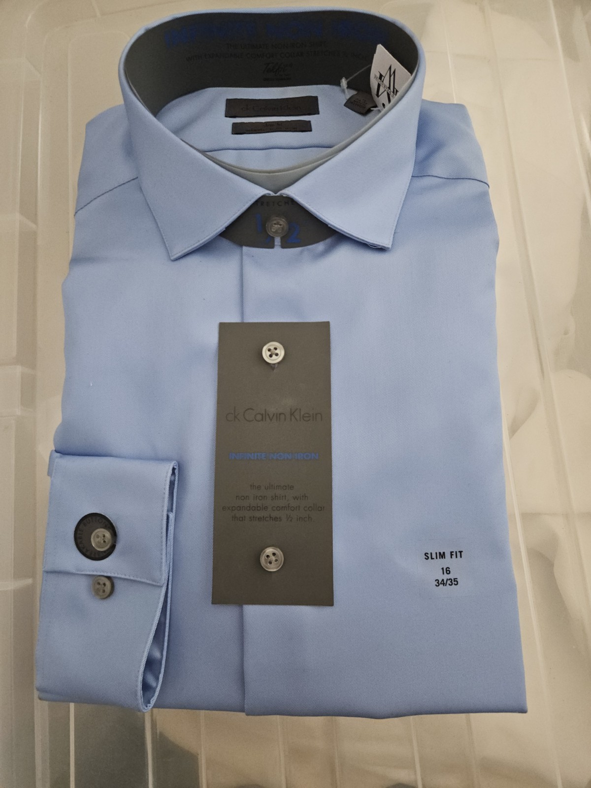 Calvin Klein Infinite Wrinkle Free Slim Fit Dress Shirt Blue 16 34/35 L NWT