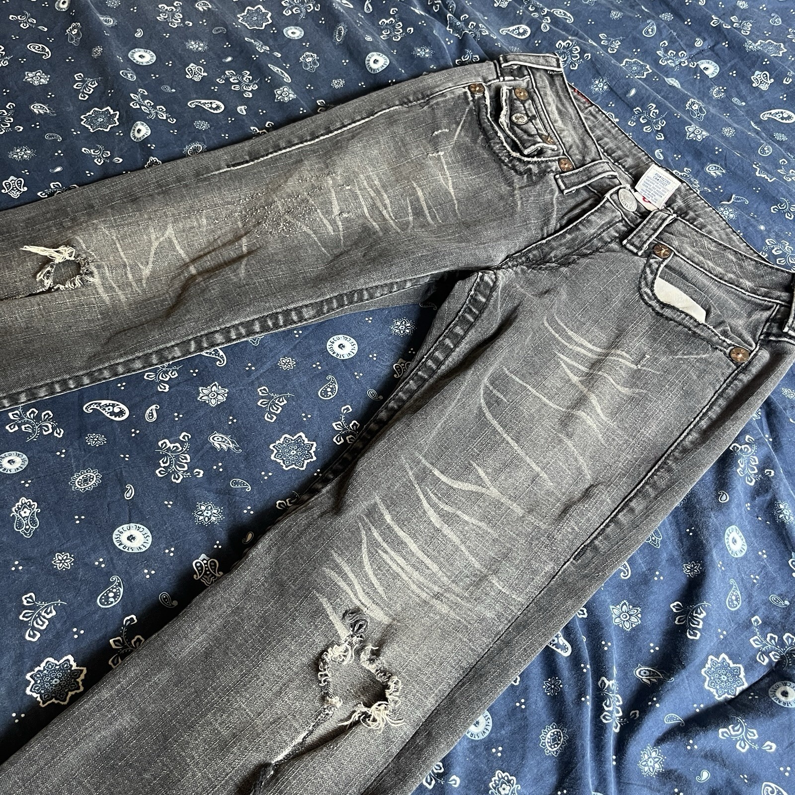True Religion made in USA Slim Fit Mid Rise Straight Light Wash Gray Denim Jeans