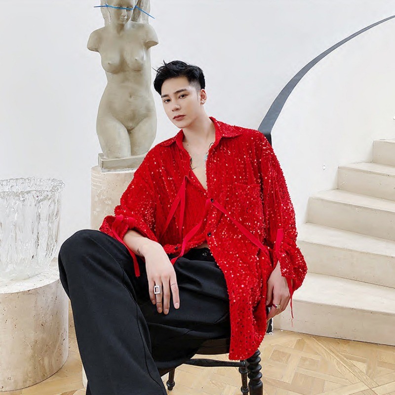 Men Sequined Velvet Button Shirt Long Sleeve Strap Glitter Nightclub Performance