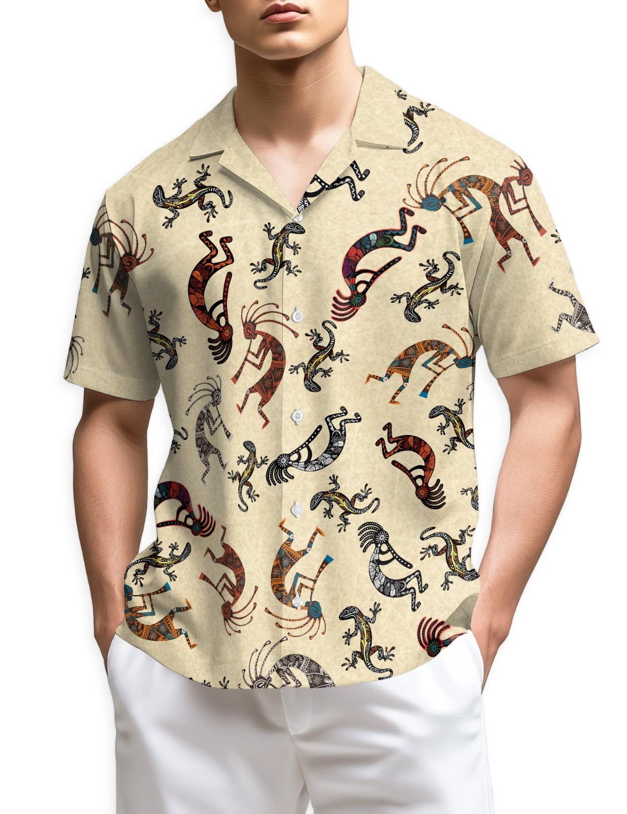 Vintage Kokopelli Hawaiian Shirt Boho Peace Summer Aloha Button Up