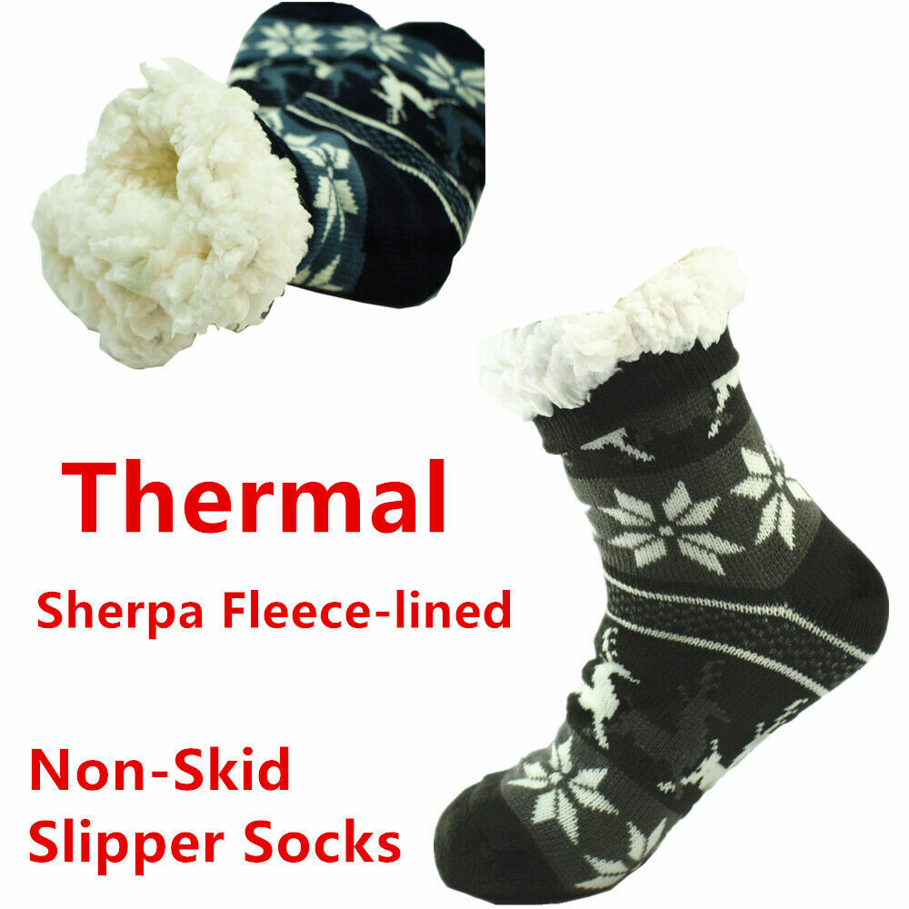 Men Fuzzy Thick Sherpa Fleece Lined Cozy Knit Non-Skid Deer Slipper Socks Lot
