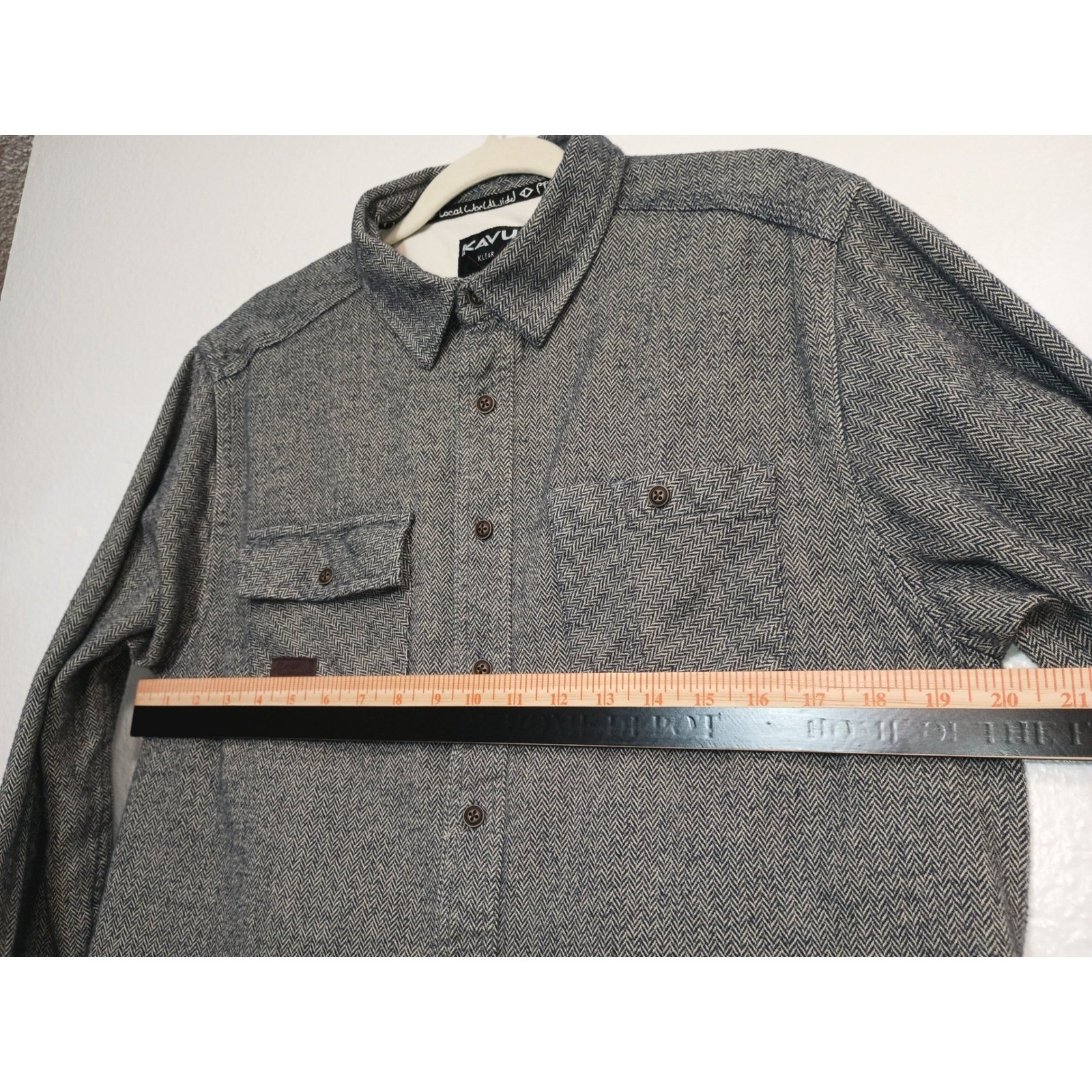 Kavu Mens Herringbone Button Down Shirt Grey White Long Sleeve Large Gorpcore