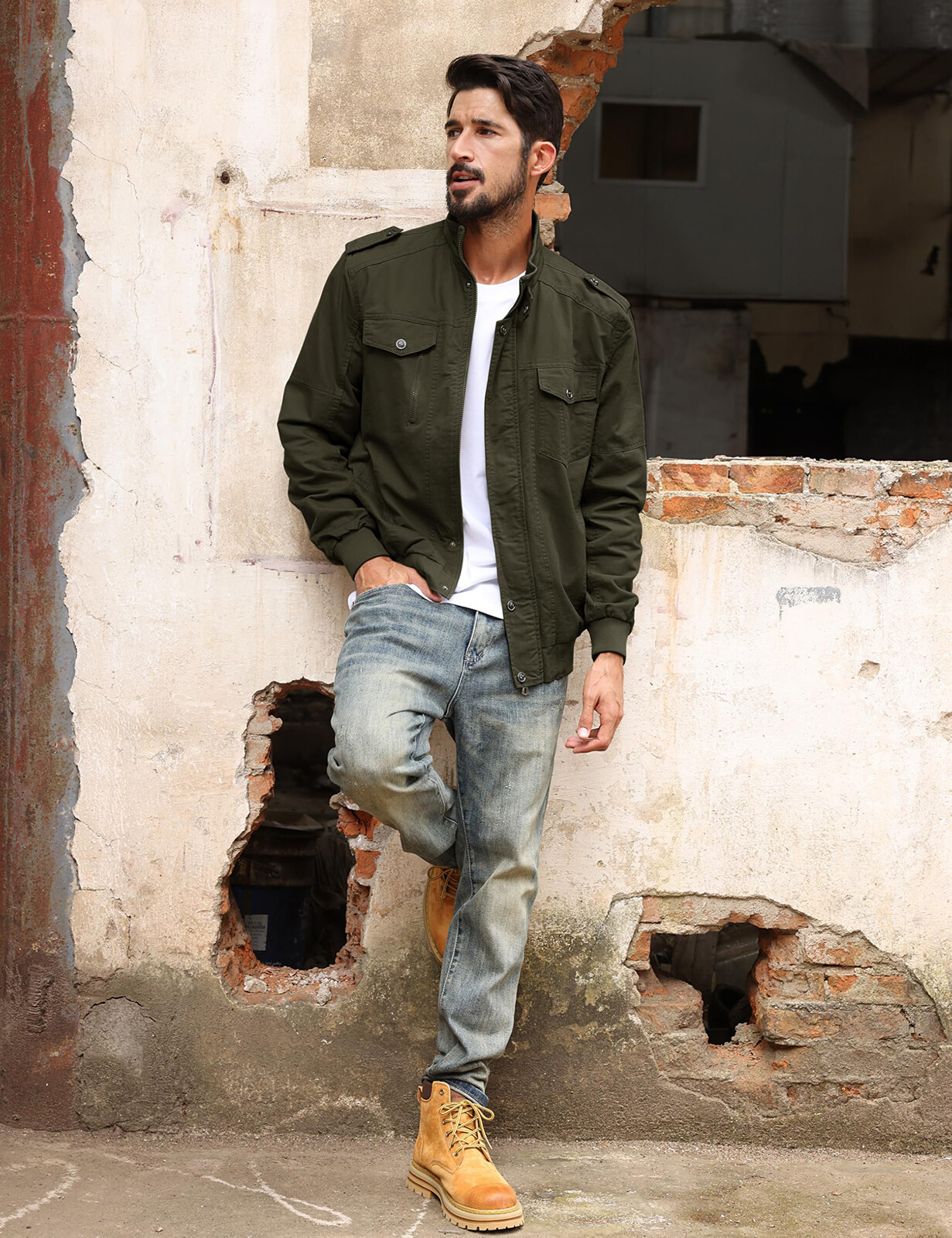 Men’s Spring Fall Cotton Jacket Bomber Jacket Casual Cargo Work Lightweight Coat