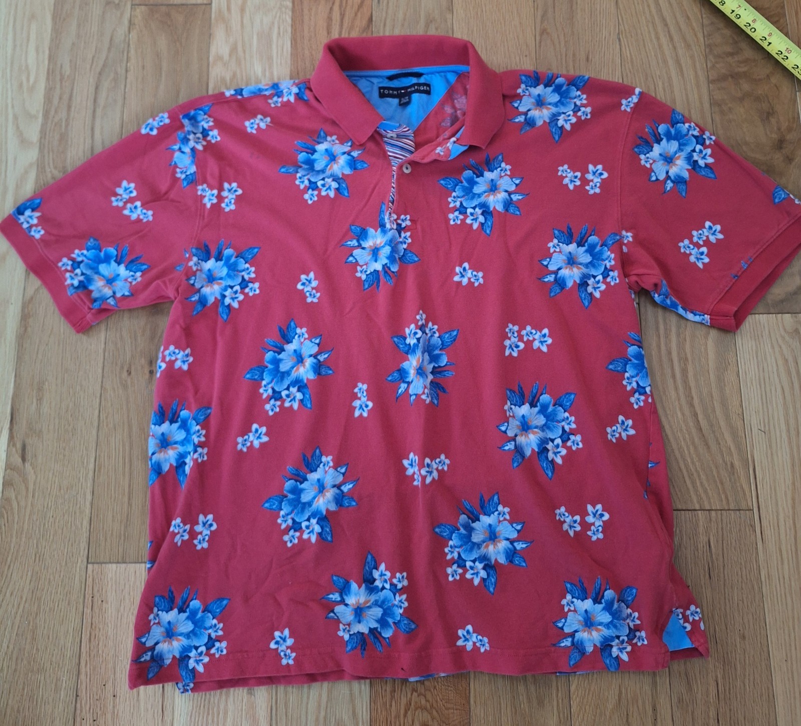Tommy Hilfiger Floral Polo Shirt Mens 2XL Red Blue Hawaiian Tropical Print Y2K