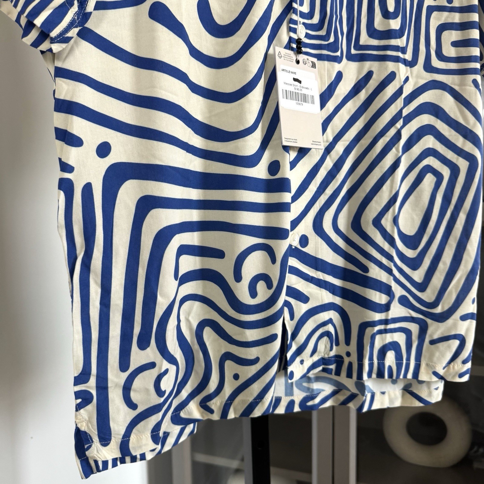 OAS Eldovado Viscose Short Sleeve Blue Print Ivory Button Up Camp Shirt L NEW