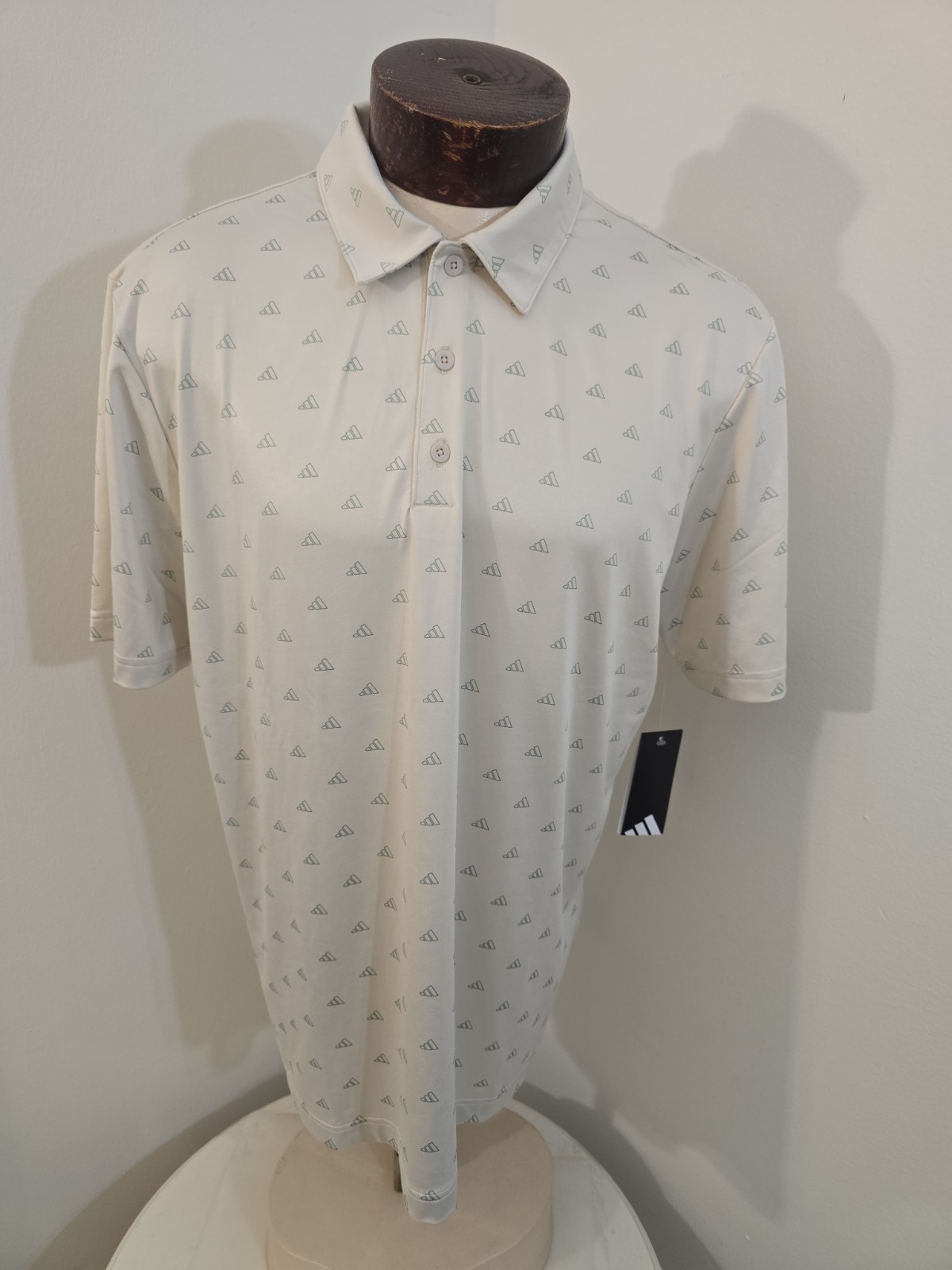 Adidas Men’s L Beige Green Short Sleeve Golf Polo Adidas Logos All Over New