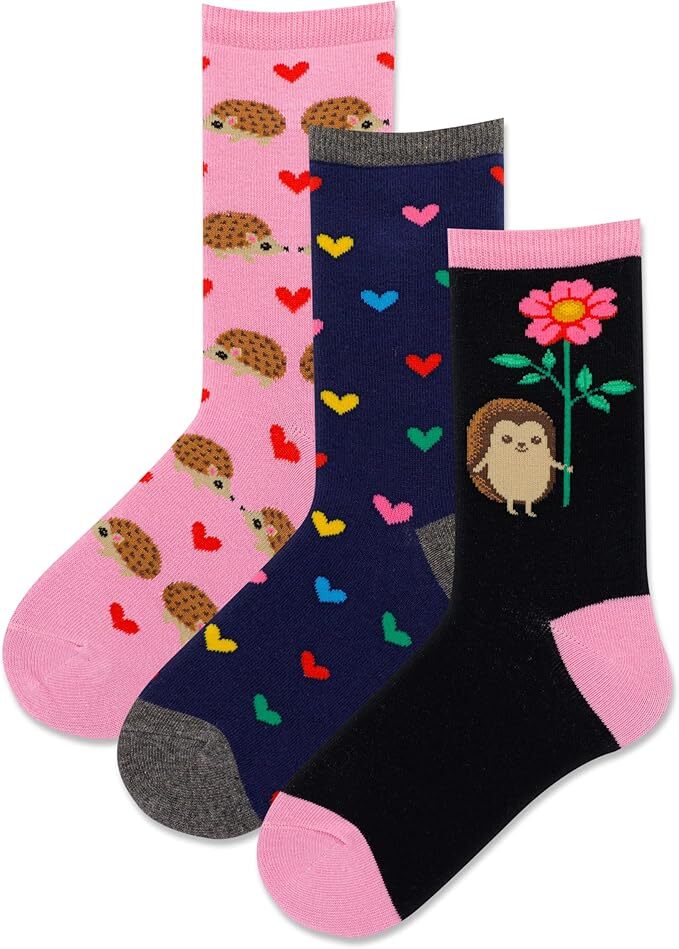 Hot Sox Kid’s Hedgehog Flower Socks 3 Pair, Assorted , Small/Medium