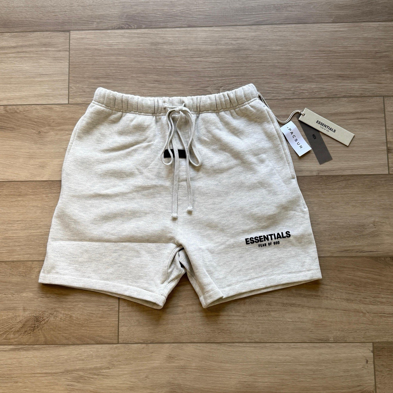 Essentials Men’s S light oatmeal Cotton Fleece Drawstring Shorts Pockets