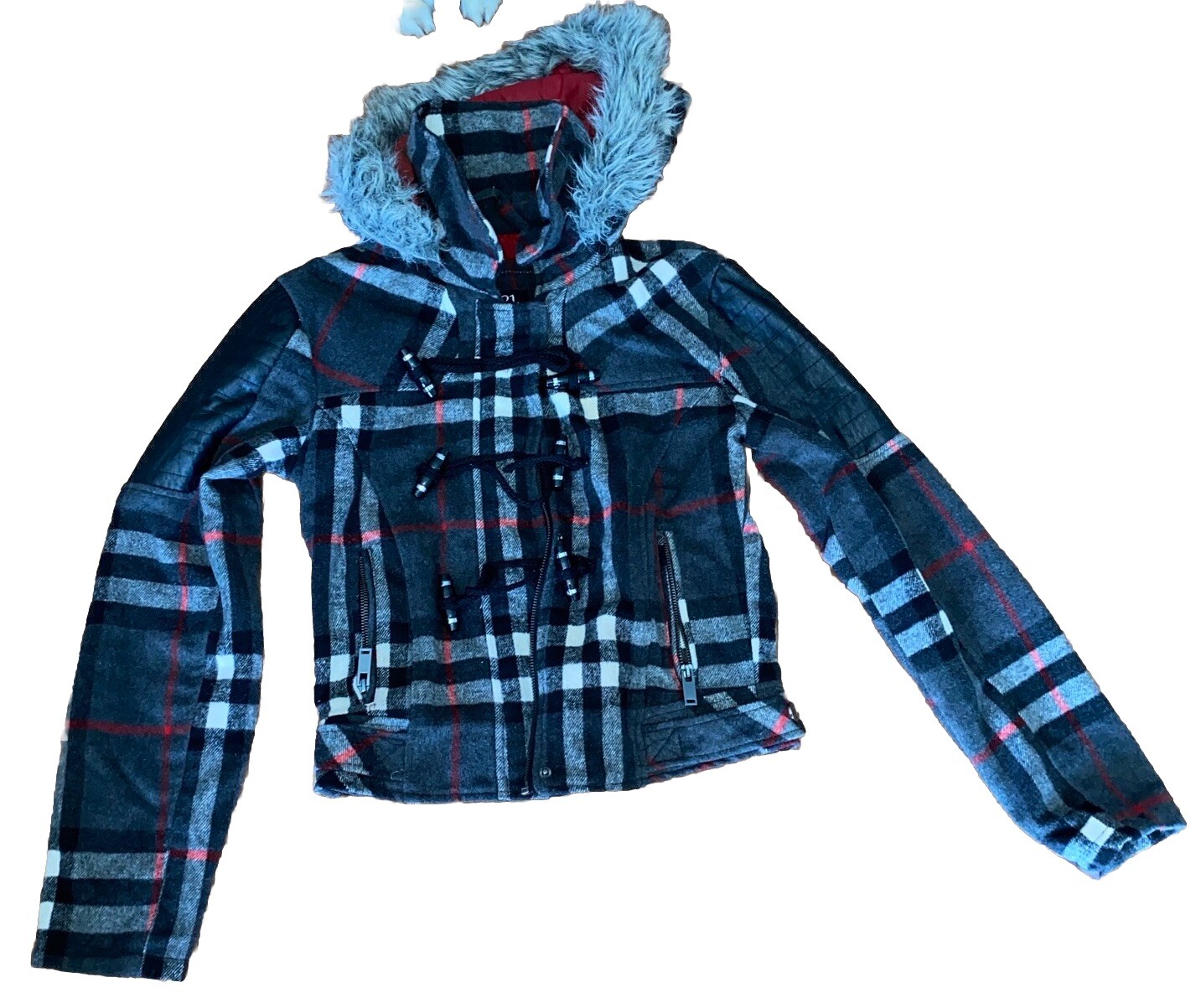 Rue21 Plaid Jacket W Faux Fur Hood Blue Gray Teens Sz 8 Zip & Pockets EUC P2p 16