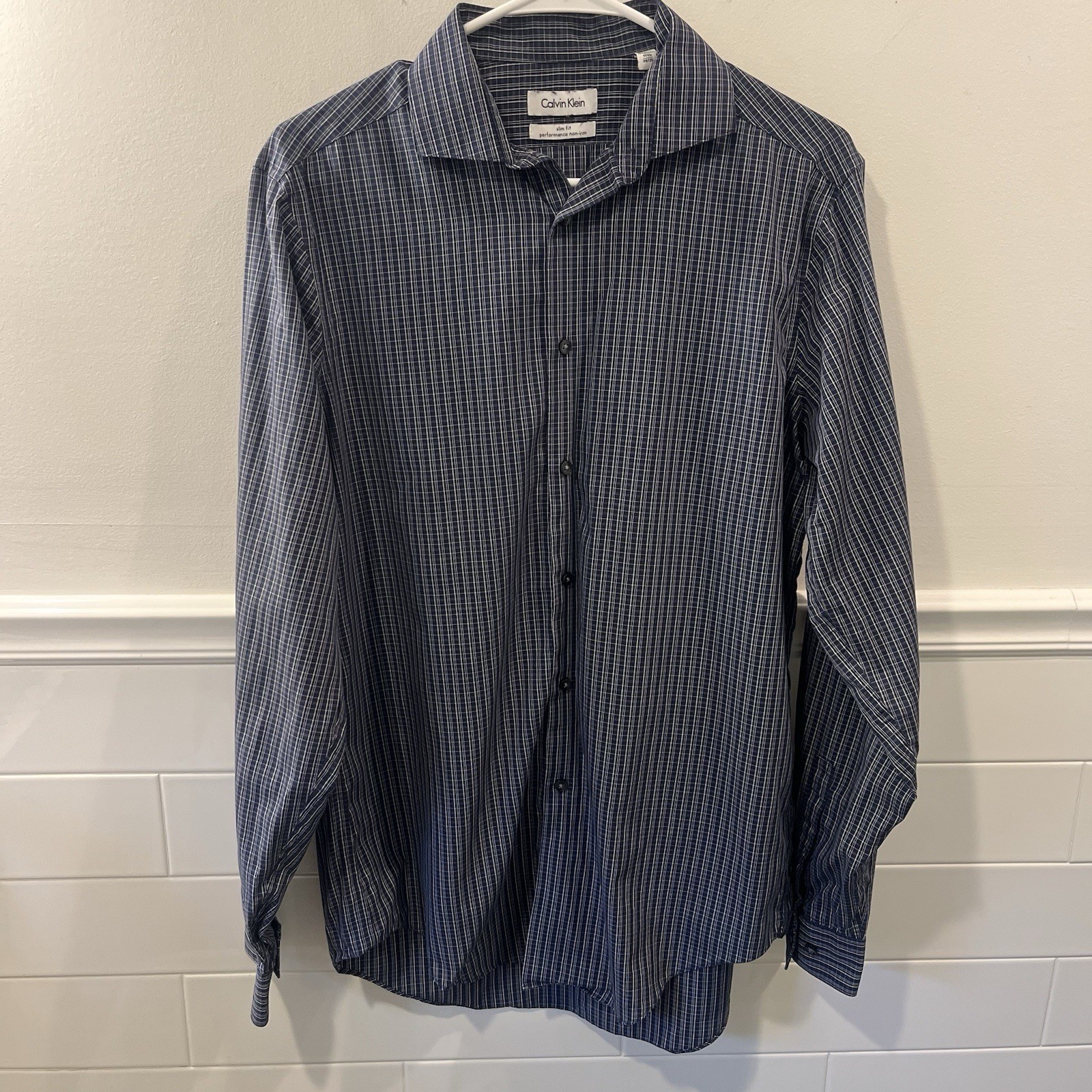 Calvin Klein White and Blue Plaid / Striped Pattern Button-up Long Sleeve Shirt