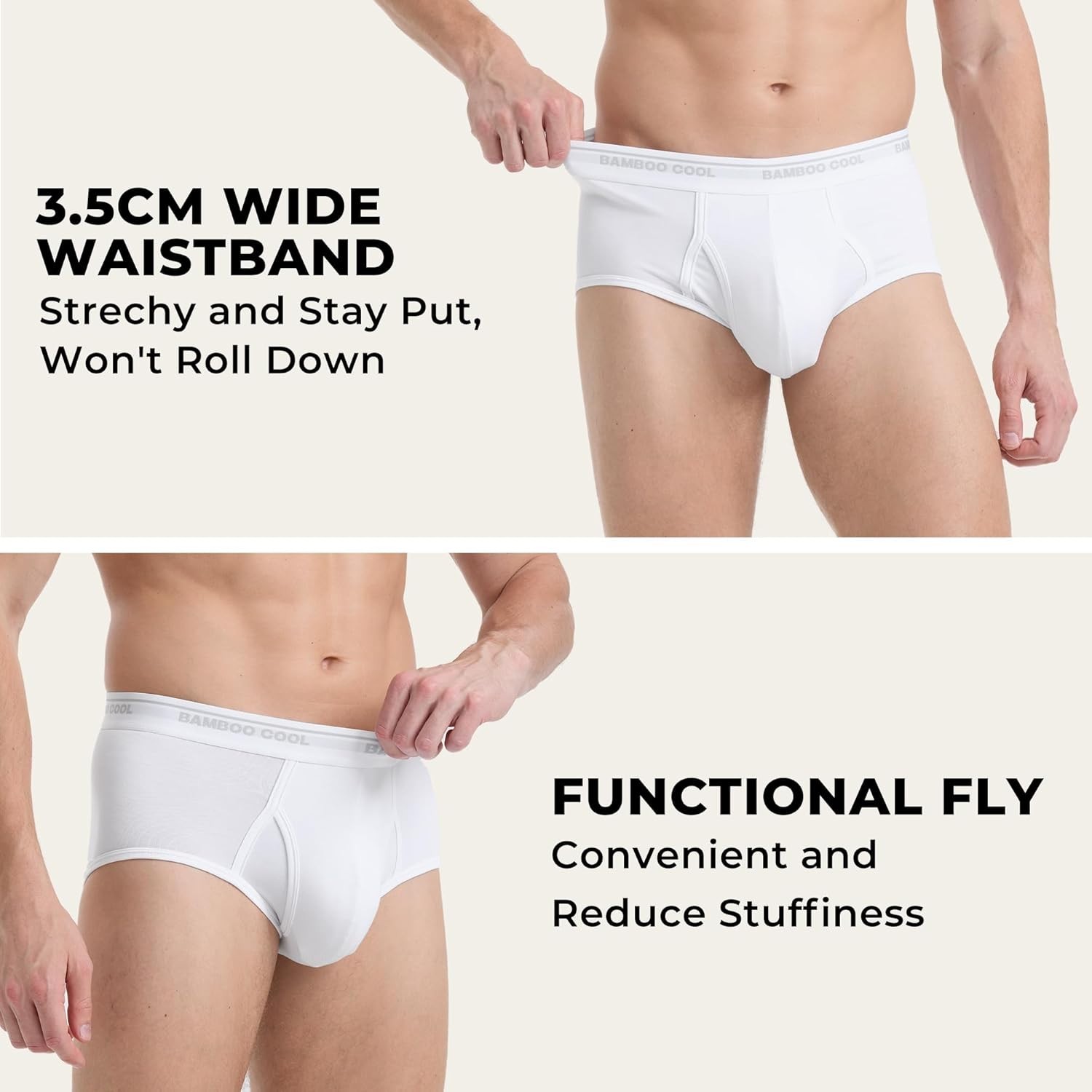 Men’s Breathable Bamboo Briefs – Open-Fly 6-Pack, Tag-Free Comfort in White