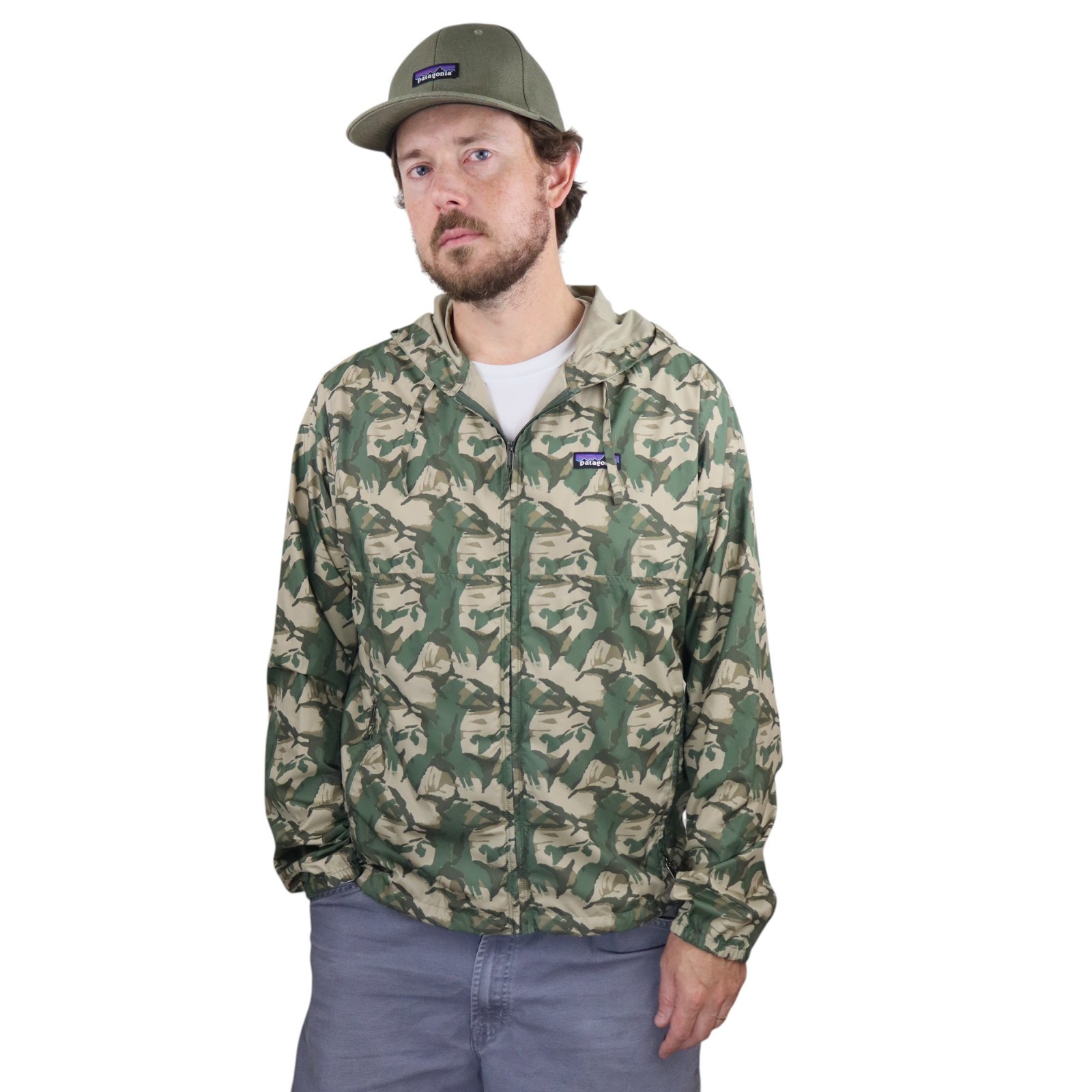 Patagonia Light & Variable Camo Rain Coat Windbreaker Hoody Jacket Mens M Mars