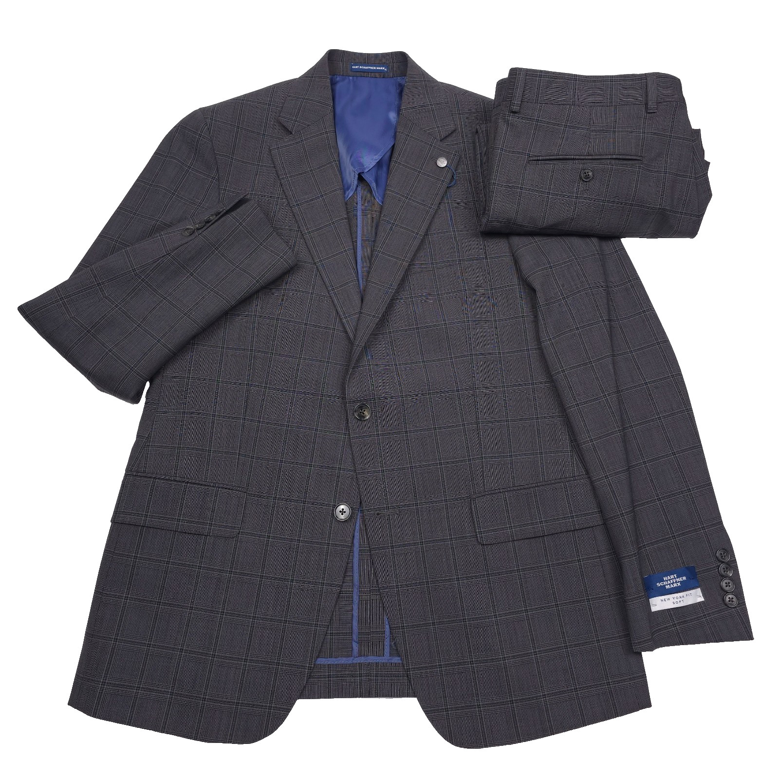 Hart Schaffner Marx Wool Suit Mens 46R X 40 Charcoal Gray Plaid NY Fit Soft