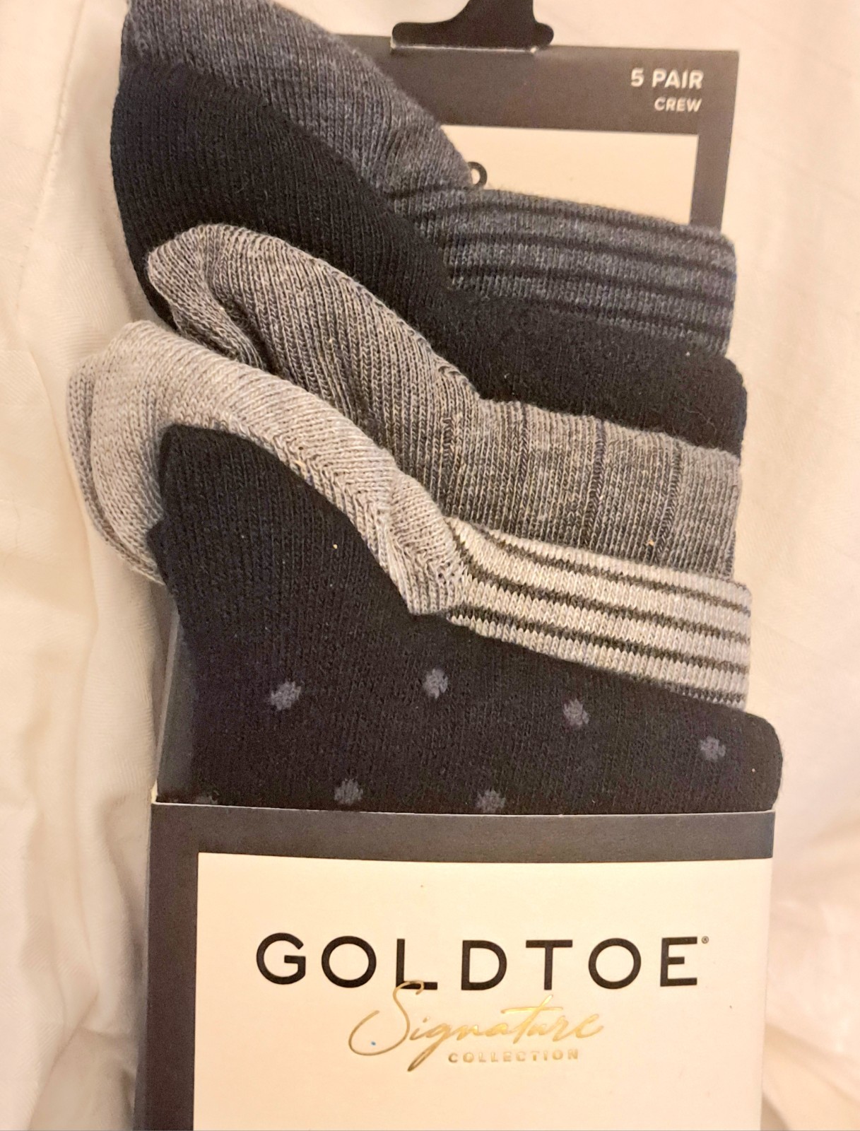 Men GOLDTOE 5 PR Signature Coll Flat Toe Seam Crew Dress Socks Sz 6-12.5 NEW Pkg