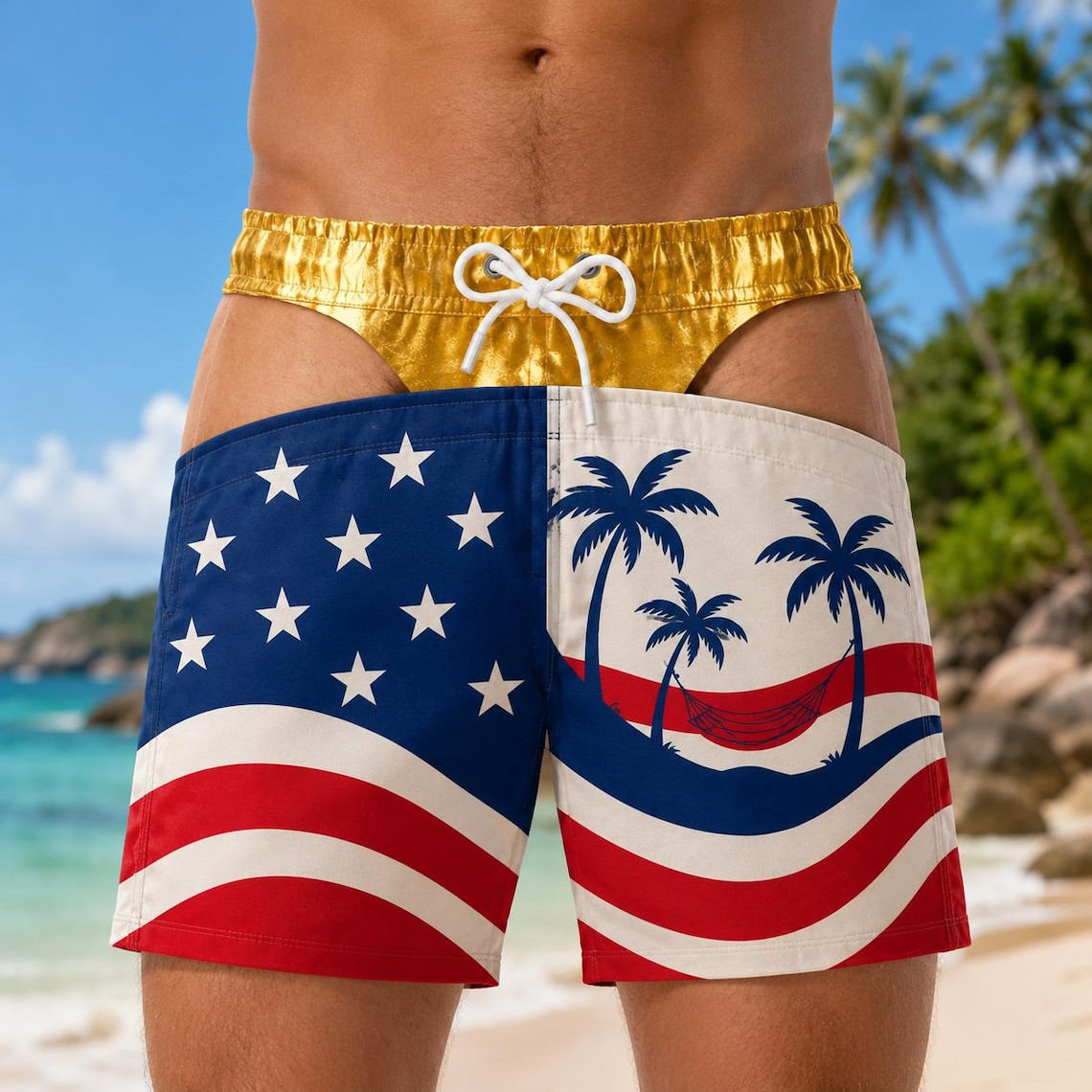 Custom Funny Patriotic Men Swim Trunks, Personalized Hairy Butt Beach Shorts
