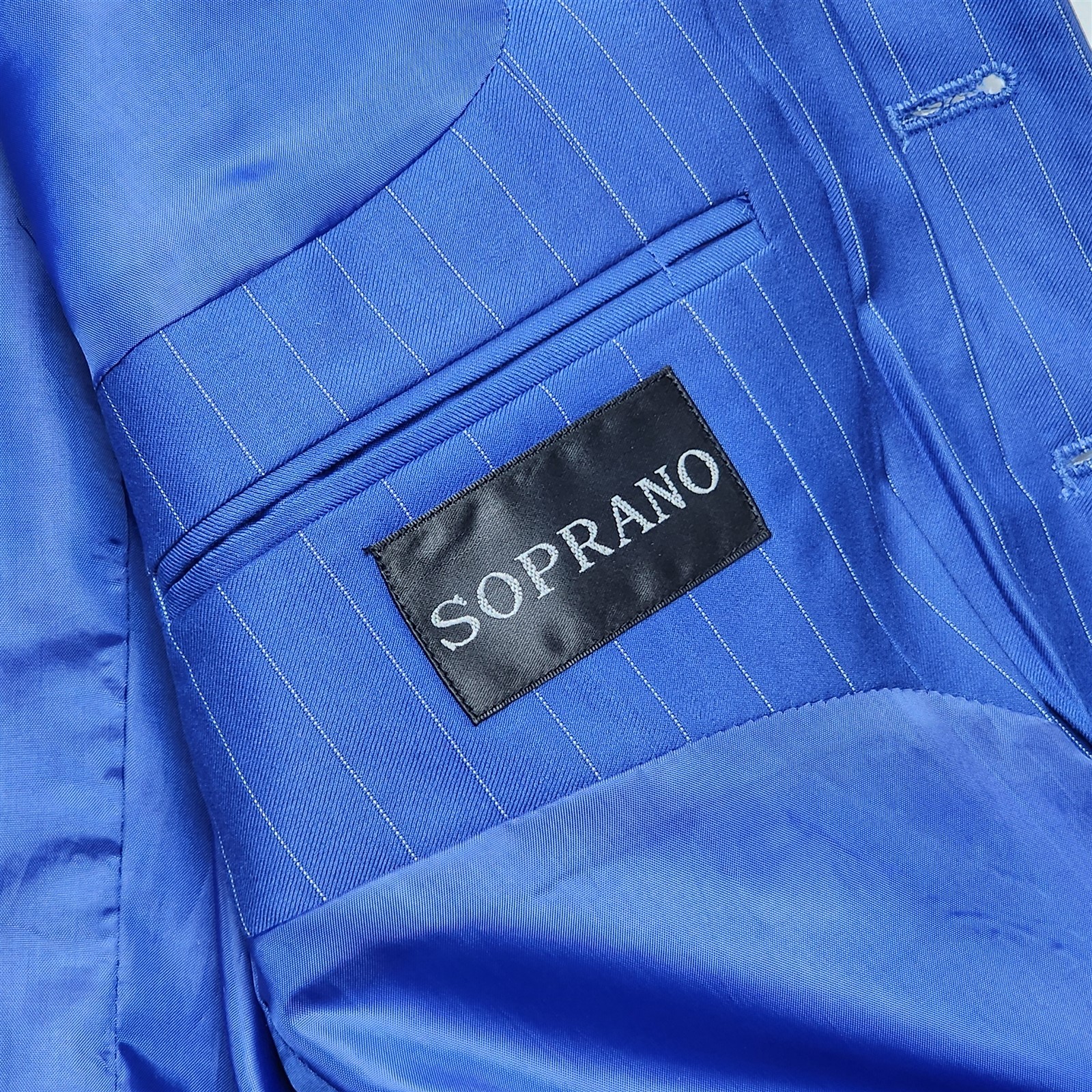 Soprano 38R 32×32 Blue Pinstripe 3 Piece Vest Mens Jacket Pants Suit