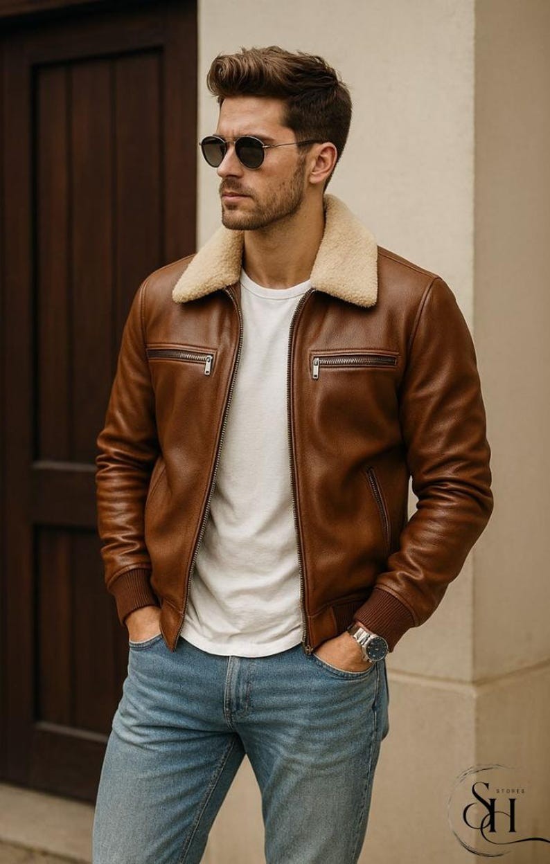 Mens Brown Bomber Leather Jacket – Genuine Sheepskin Aviator Style Shearling Winter