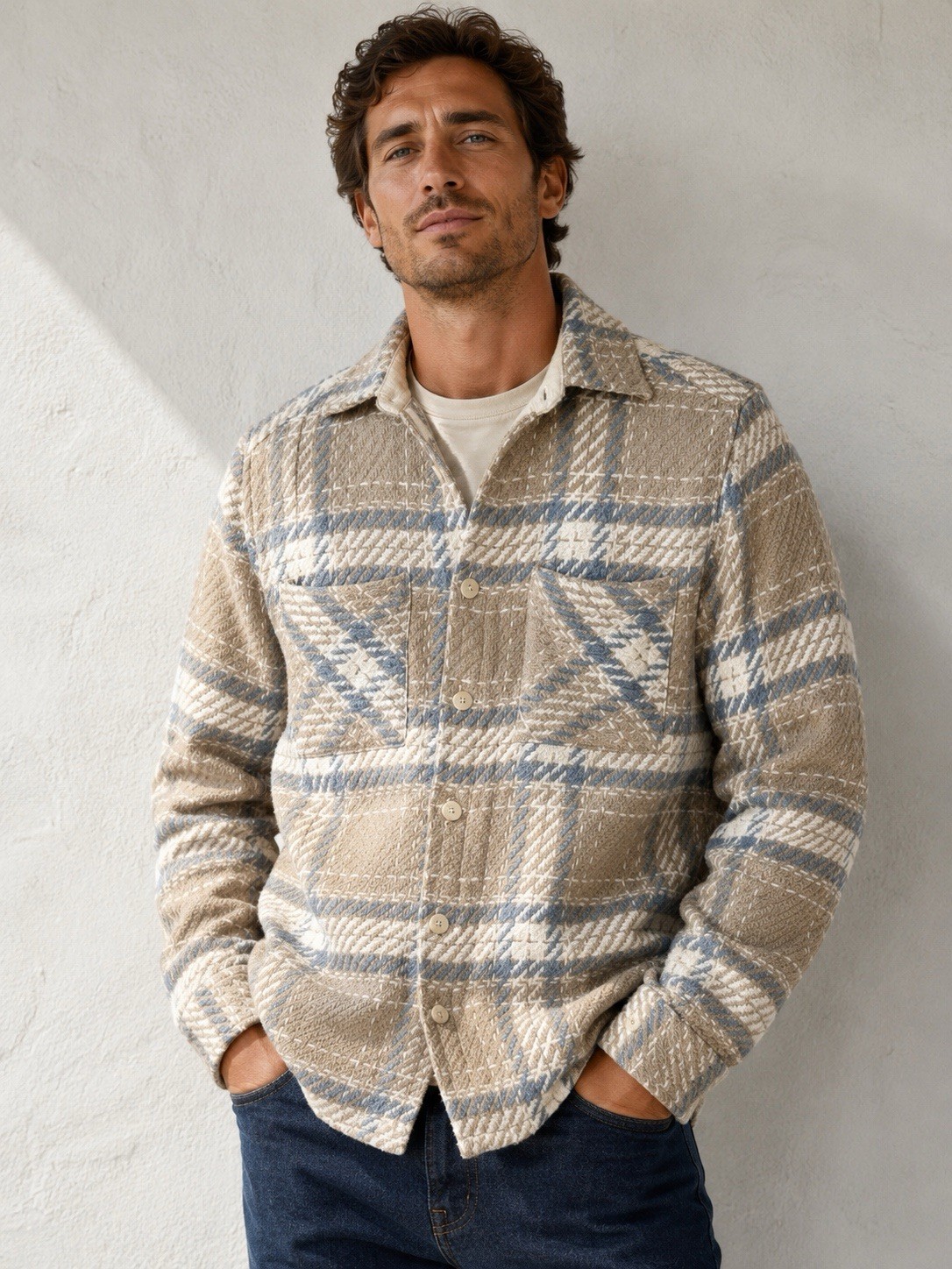 Wax London Whiting Overshirt Jacket Small Plaid Heavy Cotton Shacket Beige Blue