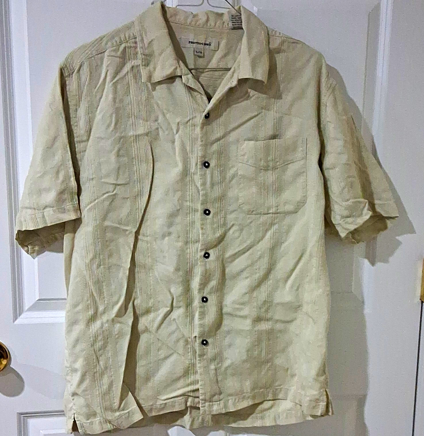 Men’s Beige Solid Linen Woven Short Sleeve Button-Up Spread Collar Shirt, XL