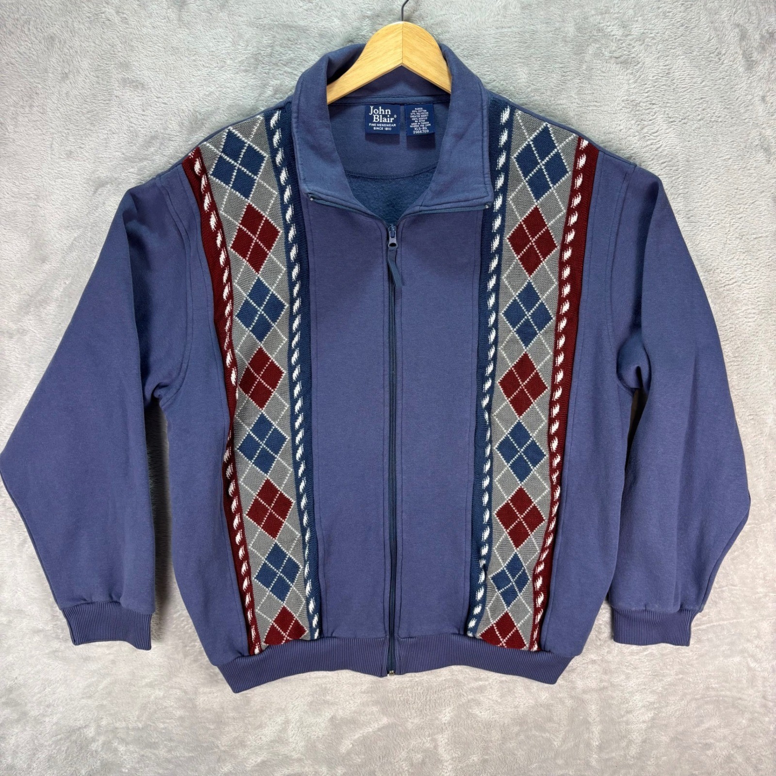 John Blair Mens Argyle Knit Panel Zip Fleece Jacket Blue Burgundy Sz XL Dadcore