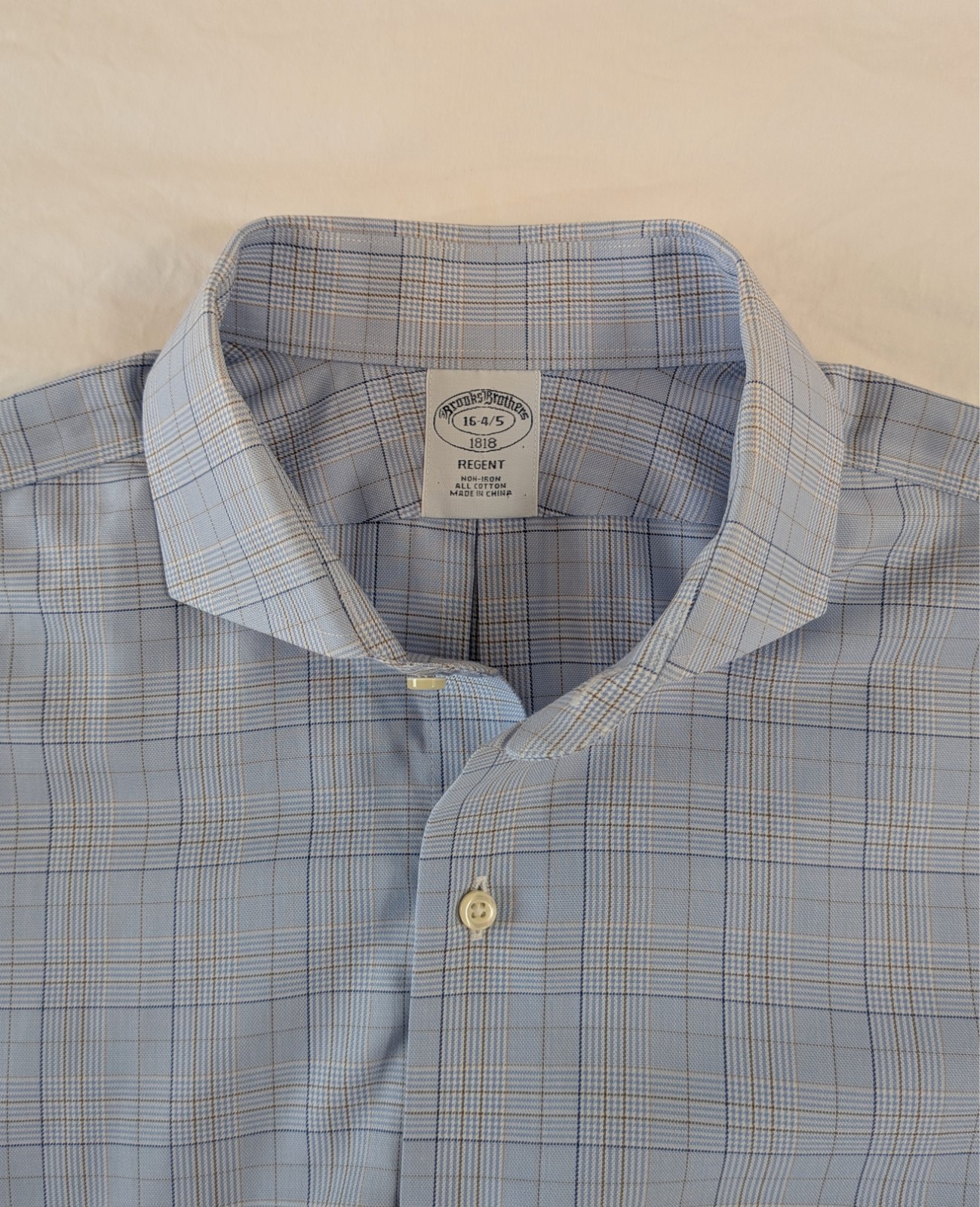 Brooks Brothers Dress Shirt Light Blue & Gold Check Mens 16 – 4/5 Regent Cotton