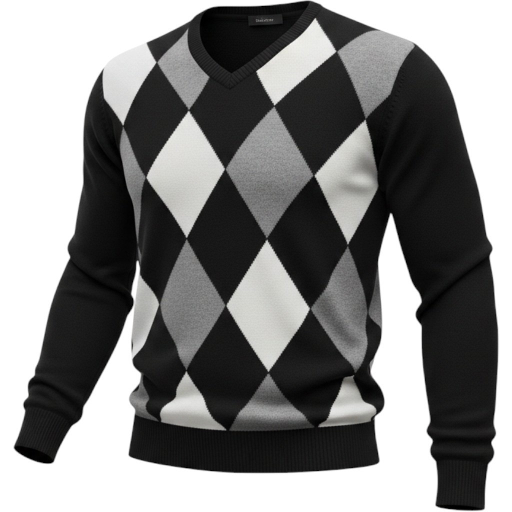Claiborne Argyle V-Neck Sweater Black Grey White Cotton Knit Mens XXL Pullover