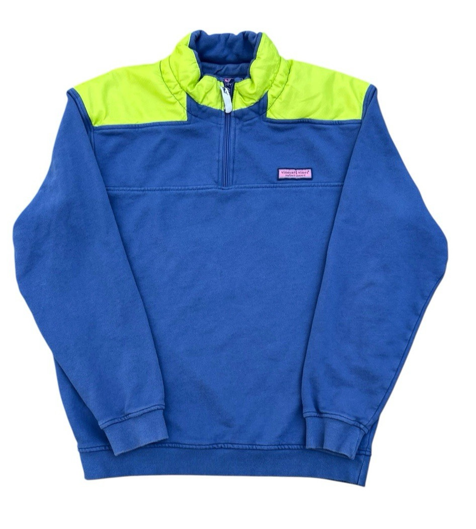 Vineyard Vines Men’s Medium Quarter Zip Sweatshirt Blue Neon Green Panels