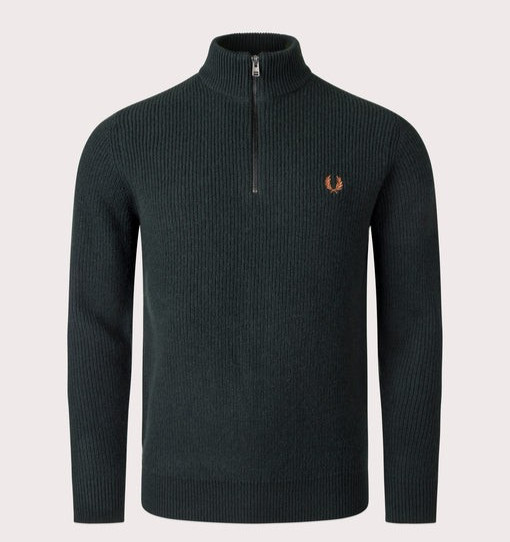 FRED PERRY Mens Night Green Textured Half Zip Wool Jumper SIZE LARGE K6540 BNWT