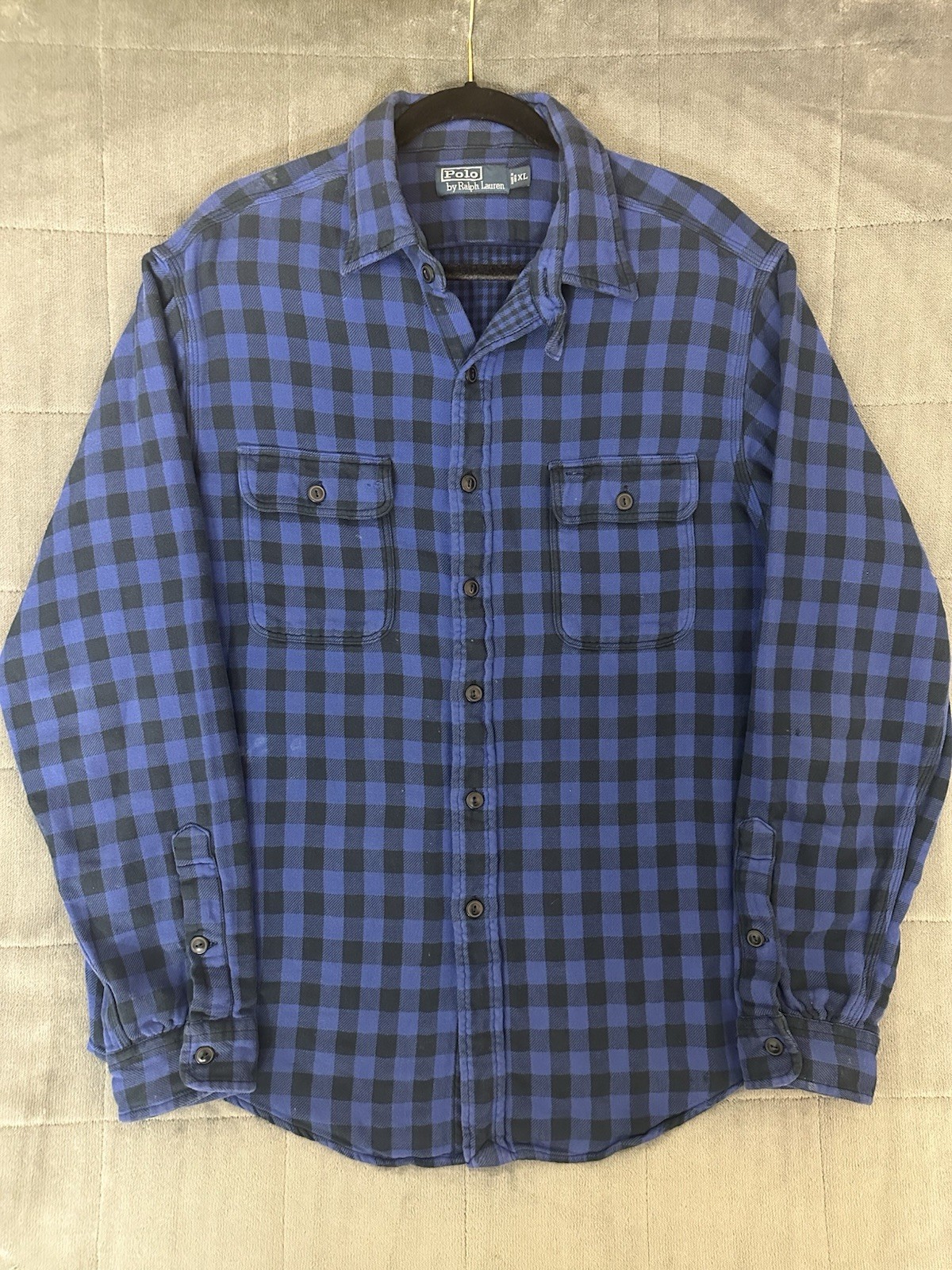 VTG Polo Ralph Lauren Flannel Work Shirt Mens XL Blue Buffalo Plaid Chin Strap