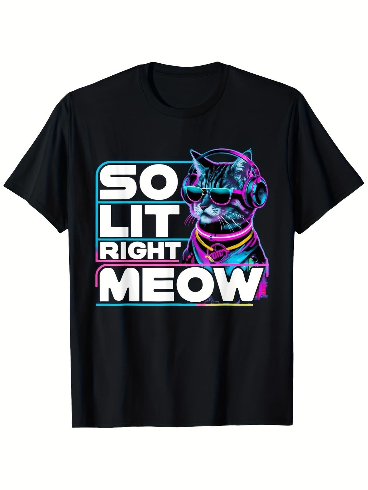 Men’s DJ Cat So Lit Right Meow Neon Glow T Shirt EDM Party Tee with DJ Cat Hea