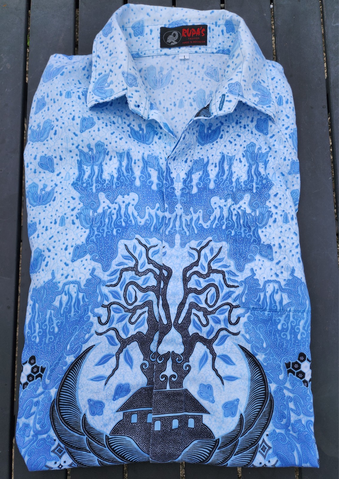 Rupa’s Fashion Indonesian Batik Shirt L Blue White Tree Temple Motif Y2K