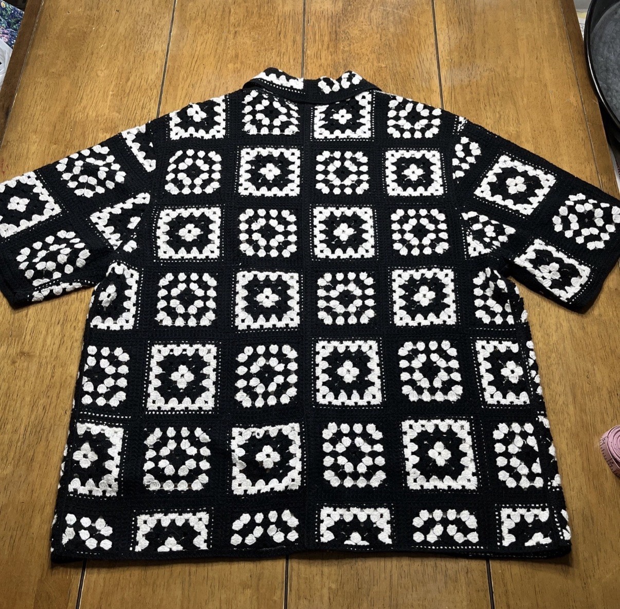 Abercrombie & Fitch Crochet Granny Square Button Shirt Medium Black White Boho