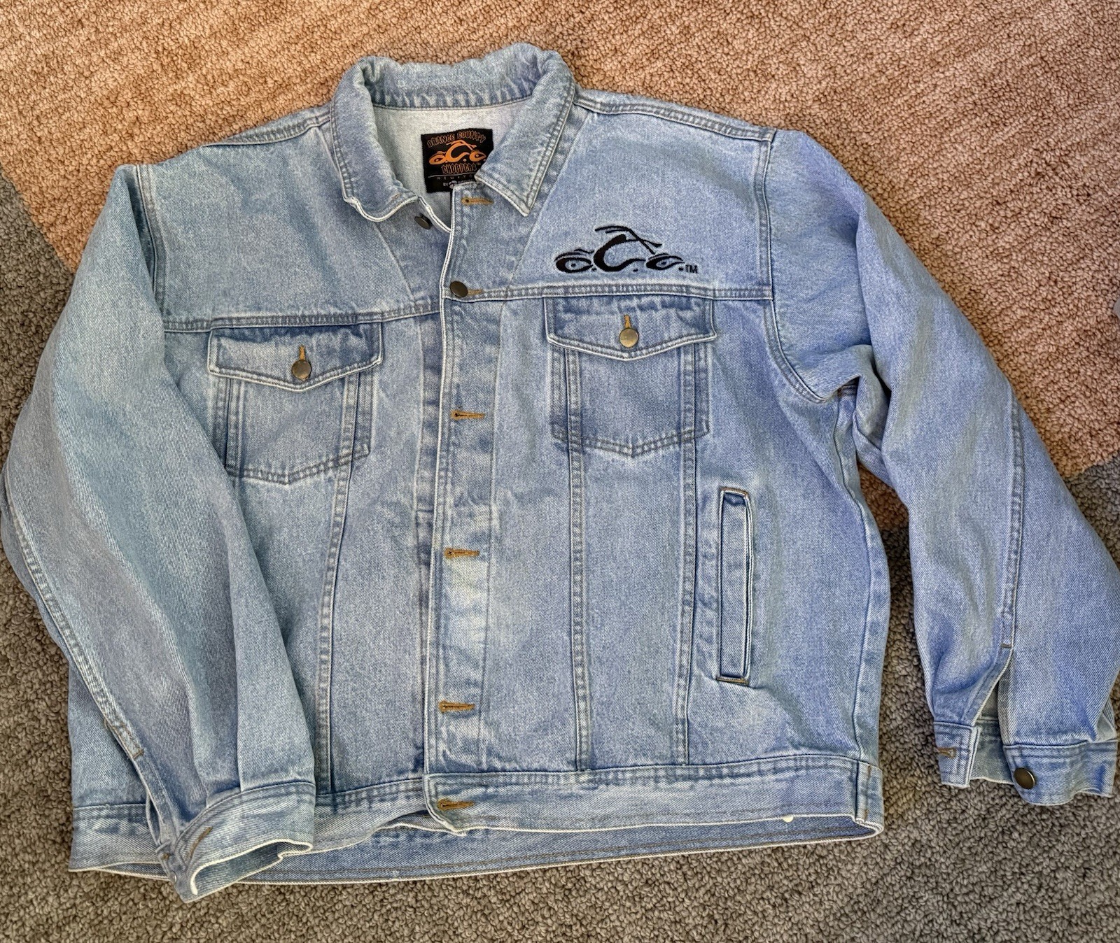 Orange County Choppers Medium Denim Jacket Mens Light Wash Embroidered Biker