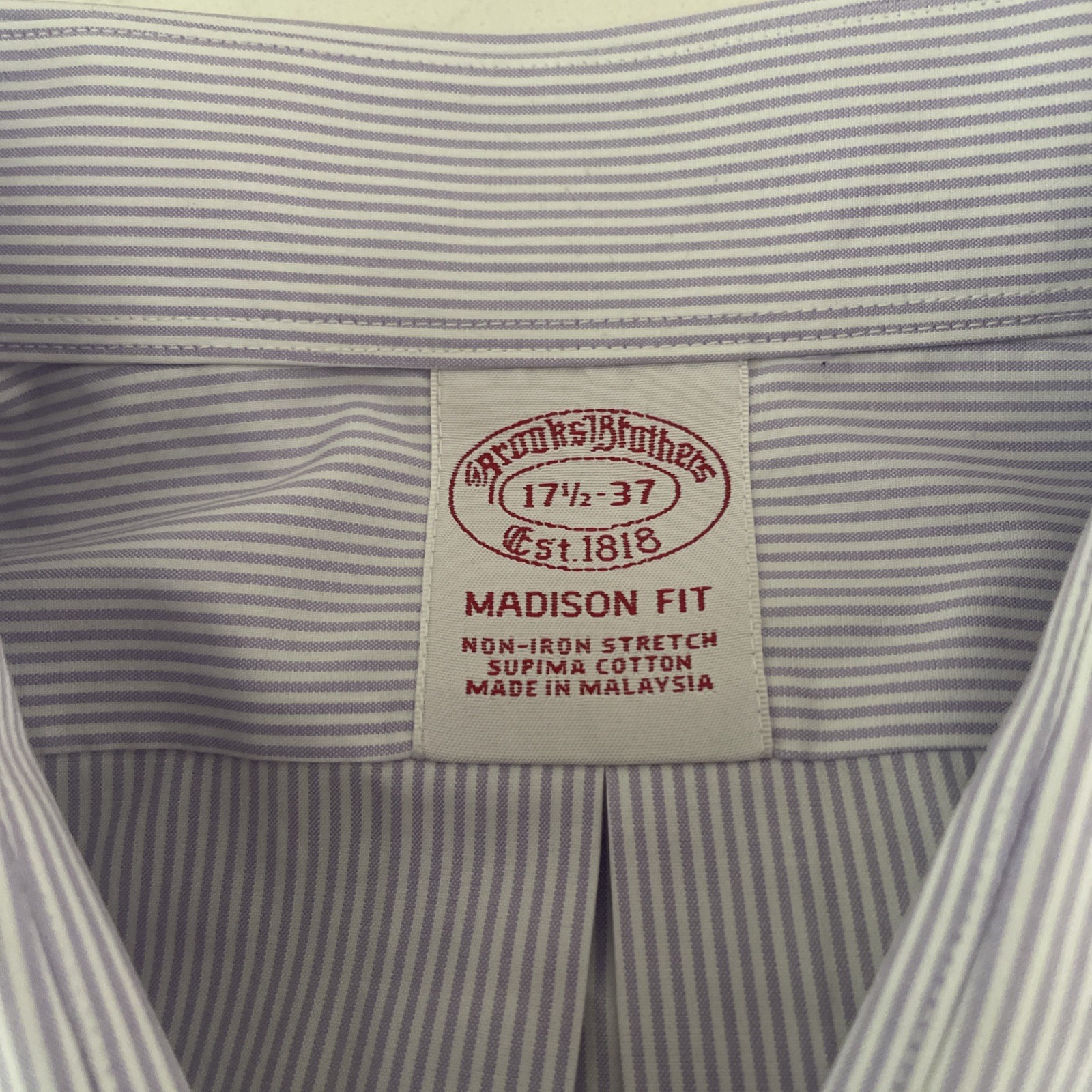 Brooks Brothers Dress Shirt Mens 17.5 37 Purple White Stripe Madison Supima