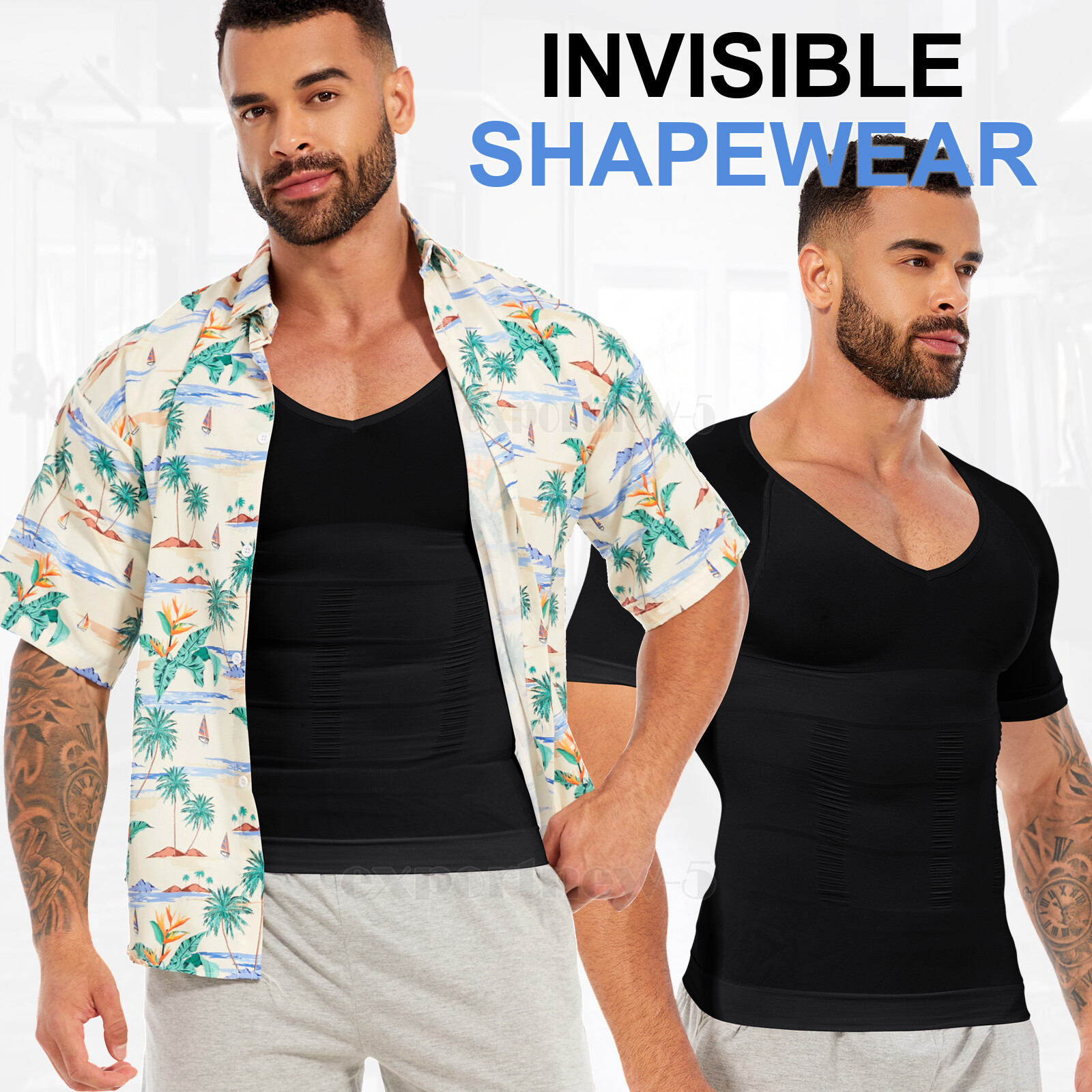 V-Neck Compression Posture Corrector T-shirt Men Body Slimming Tummy Body Shaper