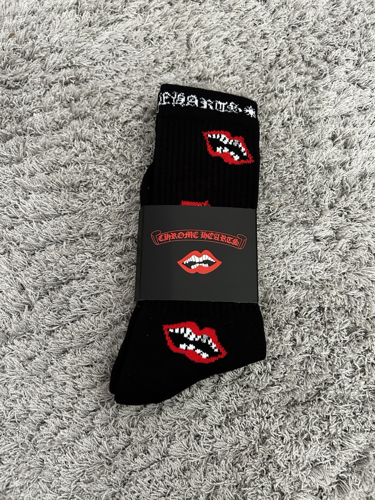 Chrome Hearts Men’s Crew Socks Black Red Lips Design One Size New with Tags
