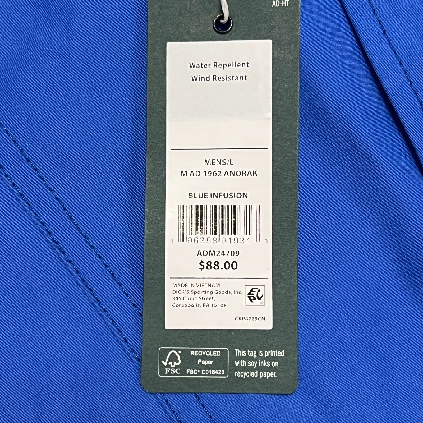 Alpine Design Anorak Pullover Jacket Mens L Blue Hooded Wind Water Resistant NWT