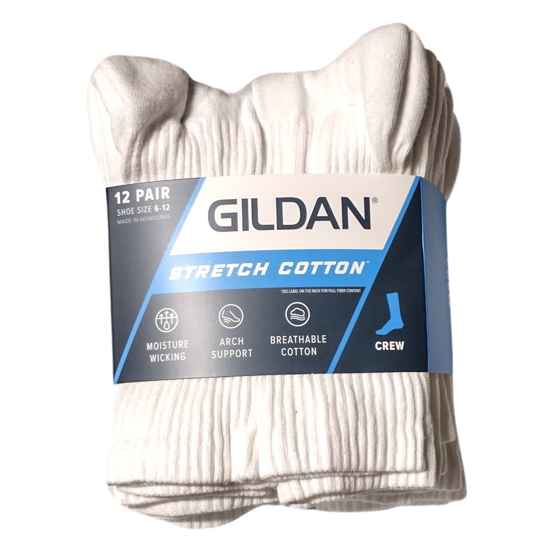 Gildan Men’s Stretch Cotton Crew Cut White Socks Shoe Size 6-12 12 pairs
