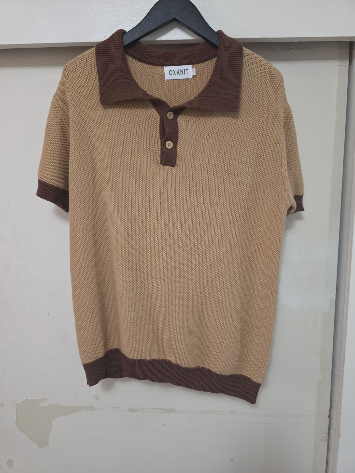OXKNIT Mod Retro Tan/Brown Contrasting Trim Short Sleeve Polo/Golf Shirt Small