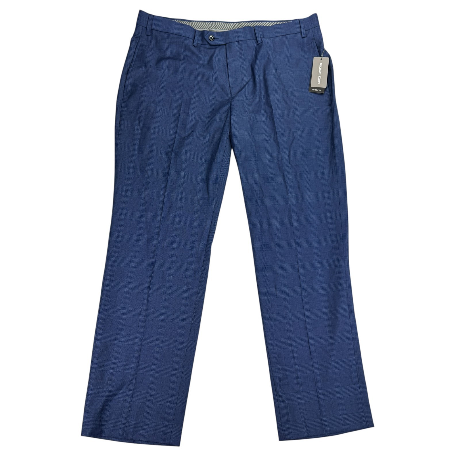 Michael Kors Mens Marvin Classic Fit Plaid Stretch Dress Pants Navy Blue 38×30
